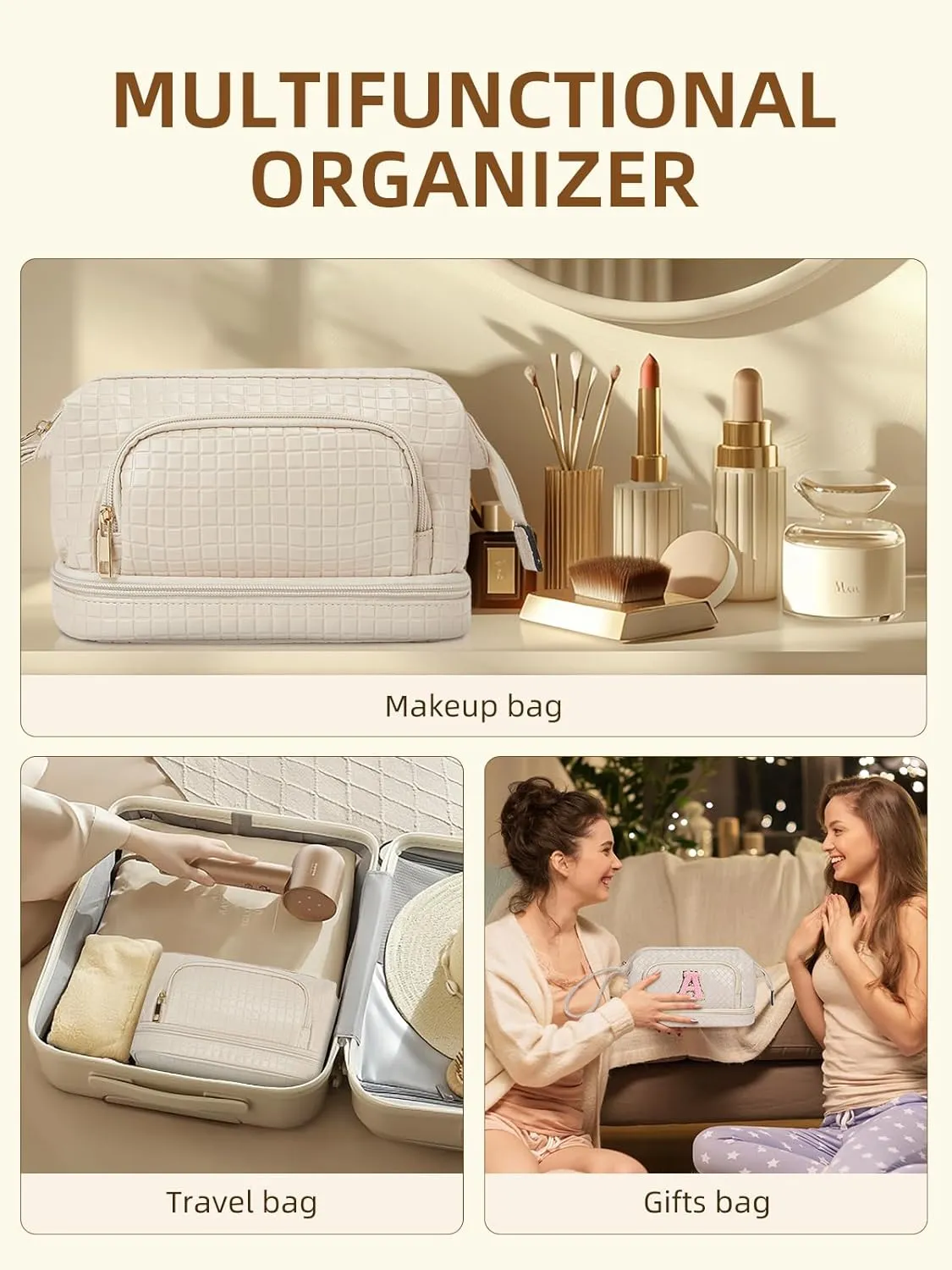 Telena Makeup Bag Large Capacity Travel Cosmetic Bags Double Layer Portable Leather Make Up Bag for Women (Apricot - Square)