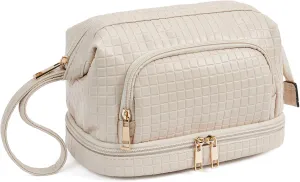 Telena Makeup Bag Large Capacity Travel Cosmetic Bags Double Layer Portable Leather Make Up Bag for Women (Apricot - Square)