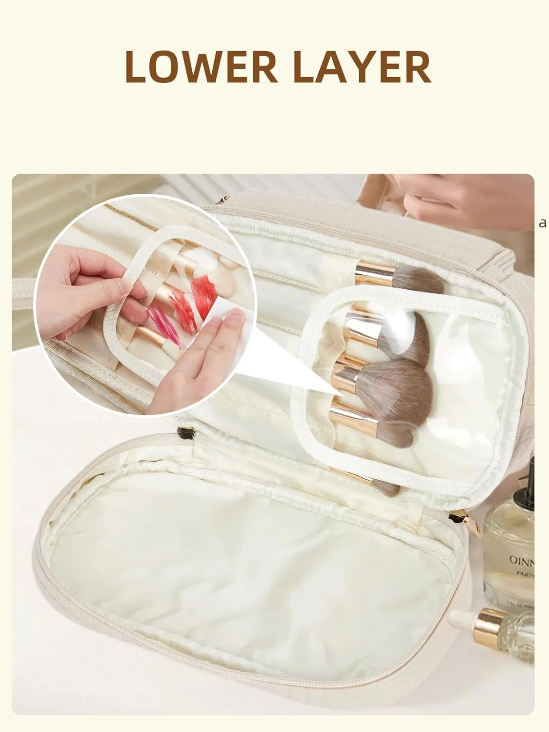 Telena Makeup Bag Large Capacity Travel Cosmetic Bags Double Layer Portable Leather Make Up Bag for Women (Apricot - Square)