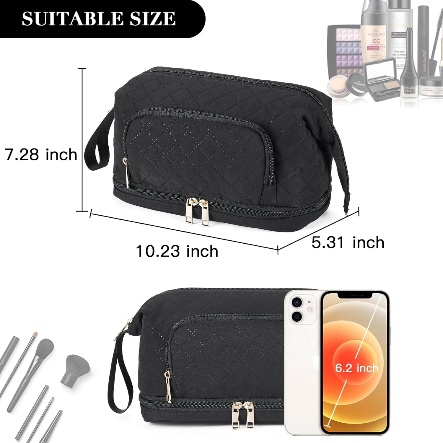 Telena Makeup Bag Large Capacity Travel Cosmetic Bags Double Layer Portable Make Up Bag for Women Black