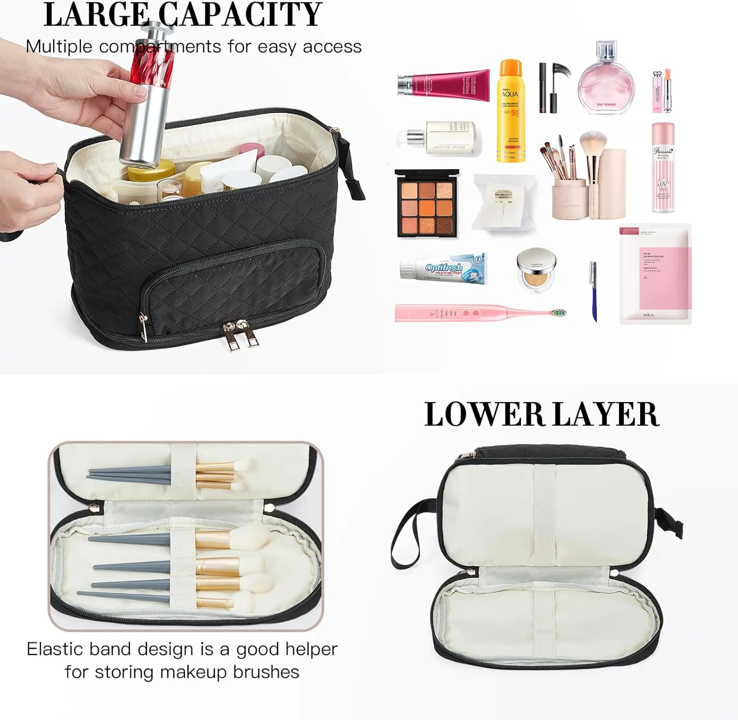 Telena Makeup Bag Large Capacity Travel Cosmetic Bags Double Layer Portable Make Up Bag for Women Black