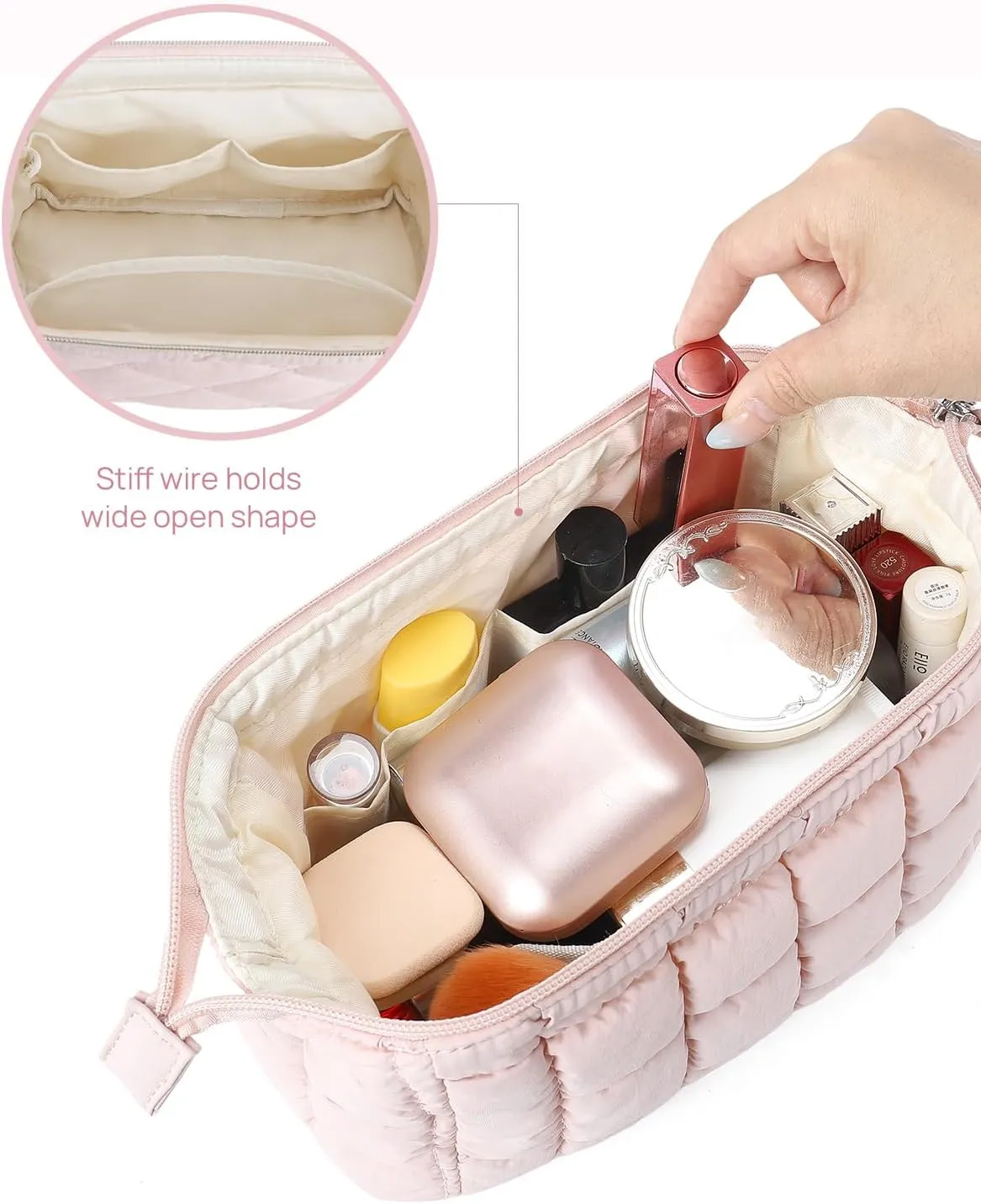 Telena Puffer Makeup Bags for Women, Nylon Puffy Padded Make Up Bags for Women Makeup Organizer Case, Wide-open Makeup Pouch Travel Essentials (Pink-2)