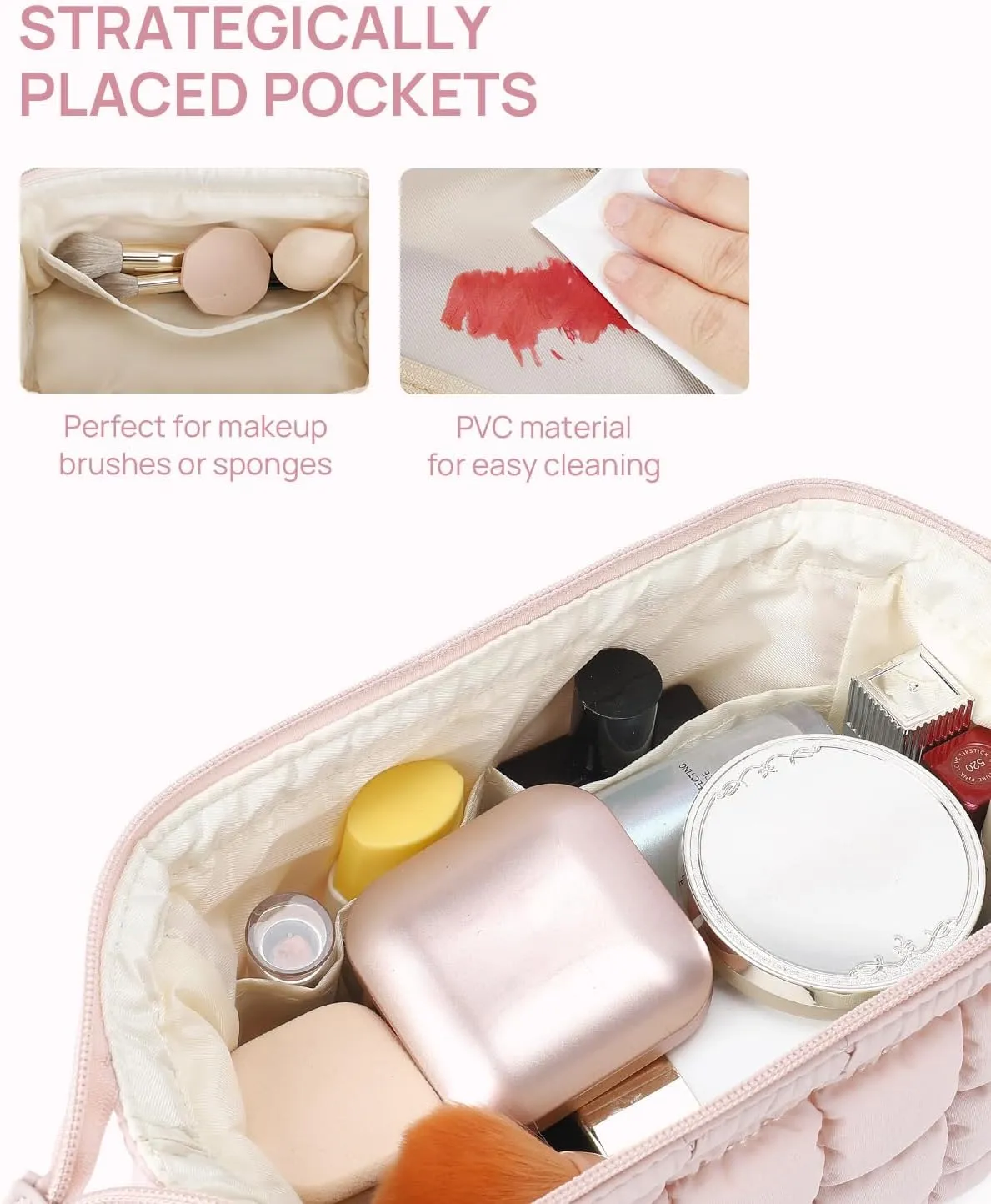 Telena Puffer Makeup Bags for Women, Nylon Puffy Padded Make Up Bags for Women Makeup Organizer Case, Wide-open Makeup Pouch Travel Essentials (Pink-2)