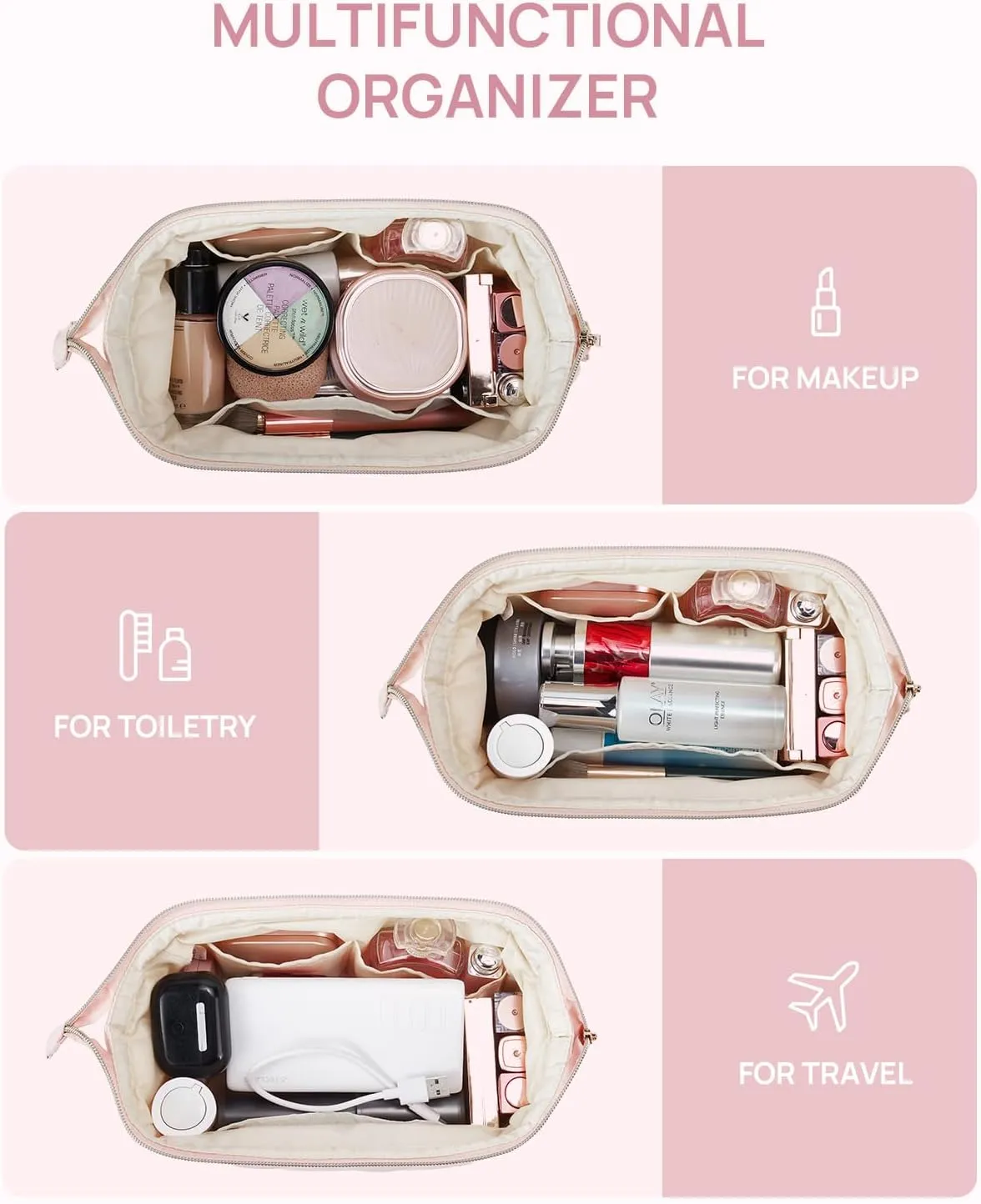 Telena Puffer Makeup Bags for Women, Nylon Puffy Padded Make Up Bags for Women Makeup Organizer Case, Wide-open Makeup Pouch Travel Essentials (Pink-2)