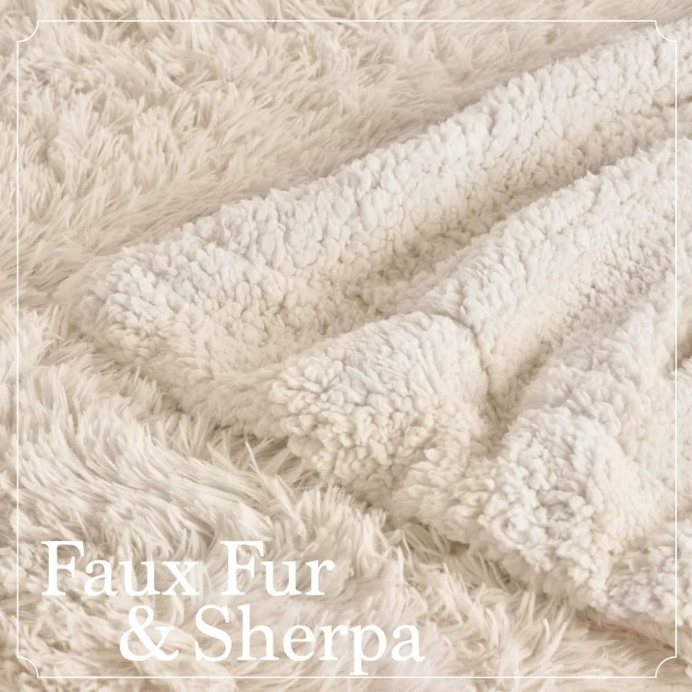 The Connecticut Home Co Throw Blanket Soft Fluffy Room Decor, Cozy Warm Throws for Bed, Couch, Gifts for Women, Bedroom Cute Aesthetic Blankets Shag and Sherpa, 65x50, Cream