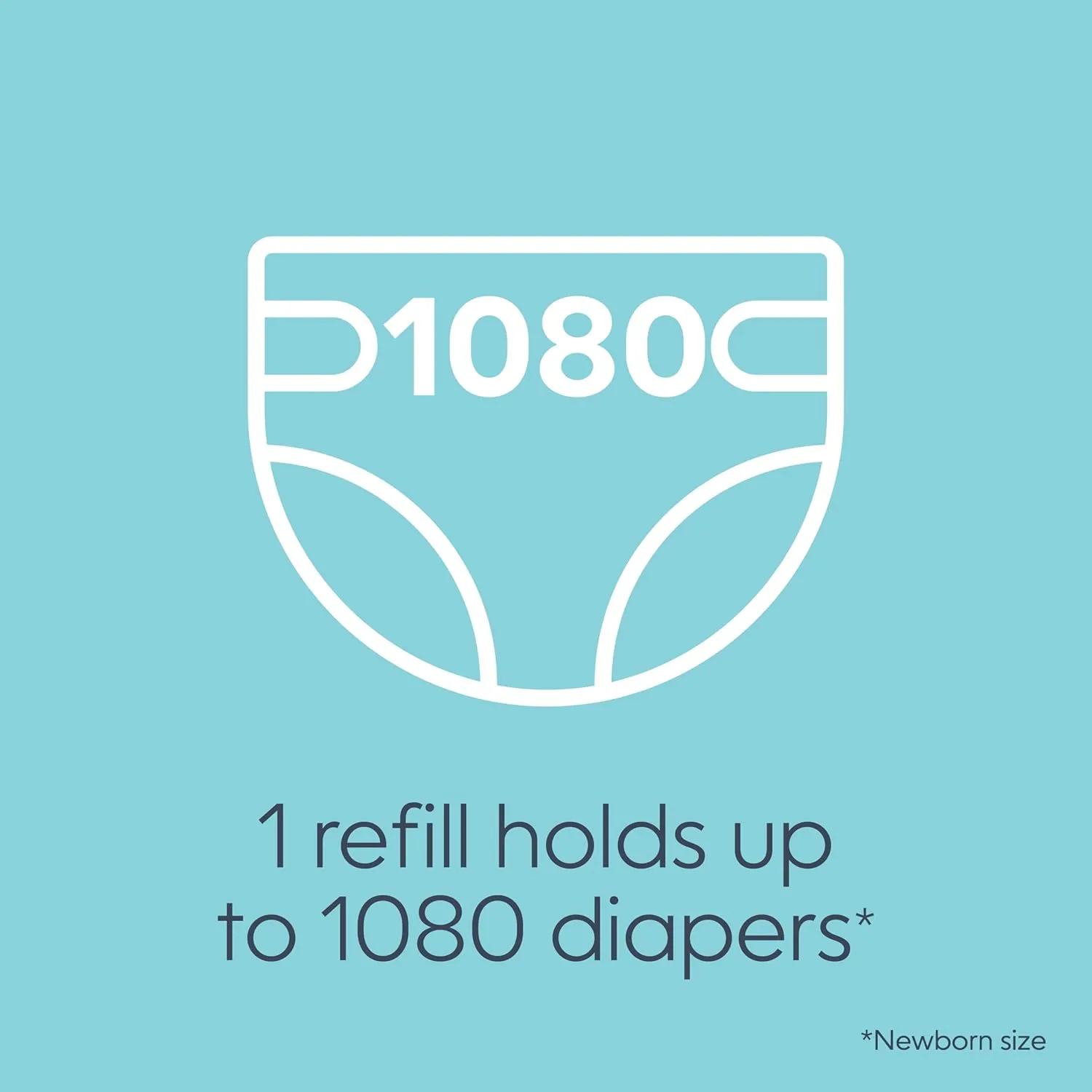 The Diaper Genie Jumbo  Square Refill, with continuous film, can hold up to 1080 newborn-sized diapers per refill.