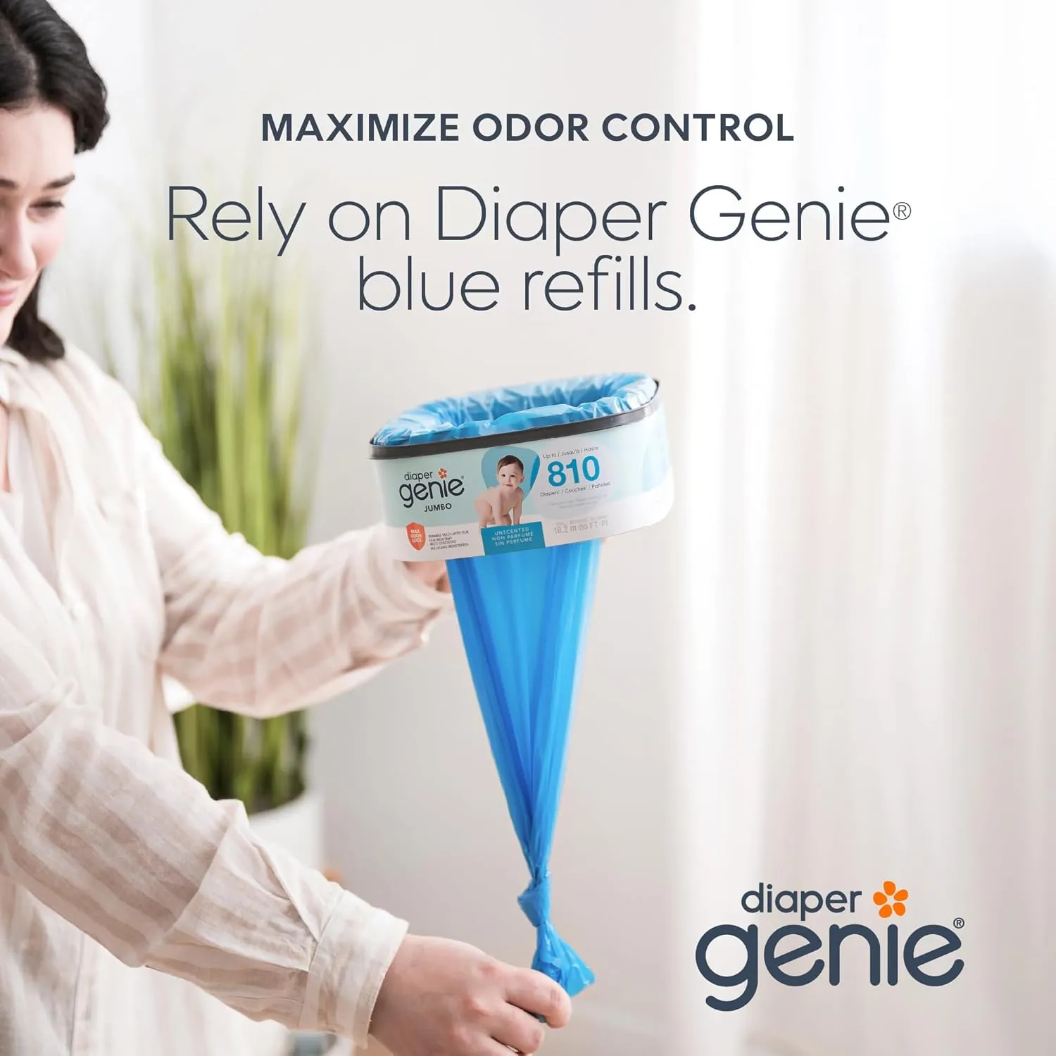 The Diaper Genie Jumbo  Square Refill, with continuous film, can hold up to 1080 newborn-sized diapers per refill.