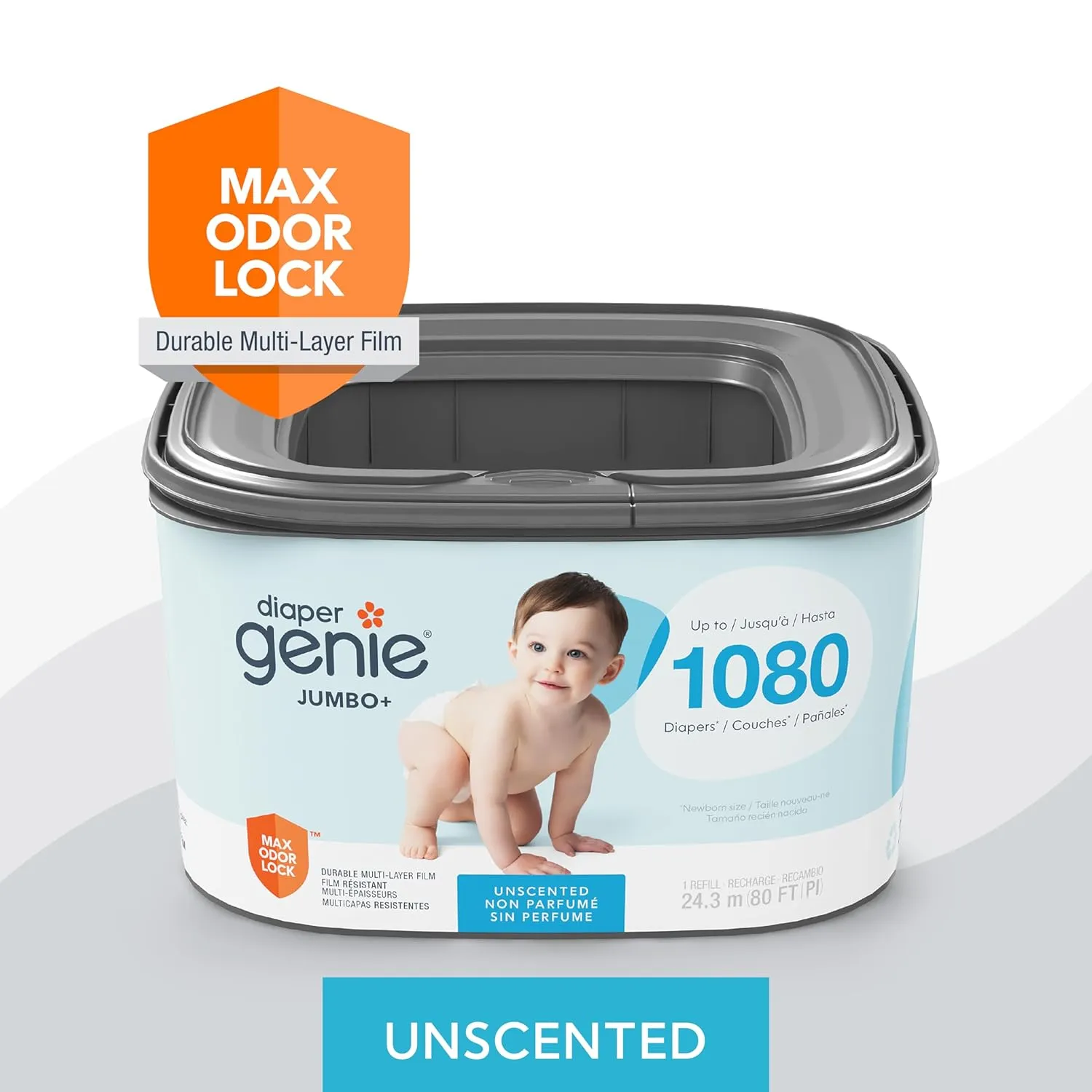 The Diaper Genie Jumbo  Square Refill, with continuous film, can hold up to 1080 newborn-sized diapers per refill.
