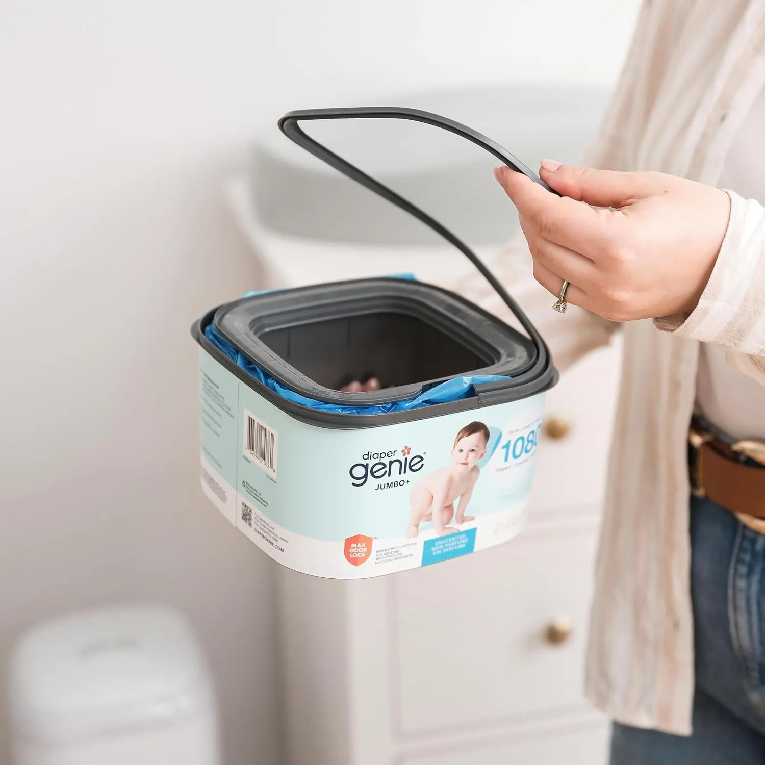 The Diaper Genie Jumbo  Square Refill, with continuous film, can hold up to 1080 newborn-sized diapers per refill.