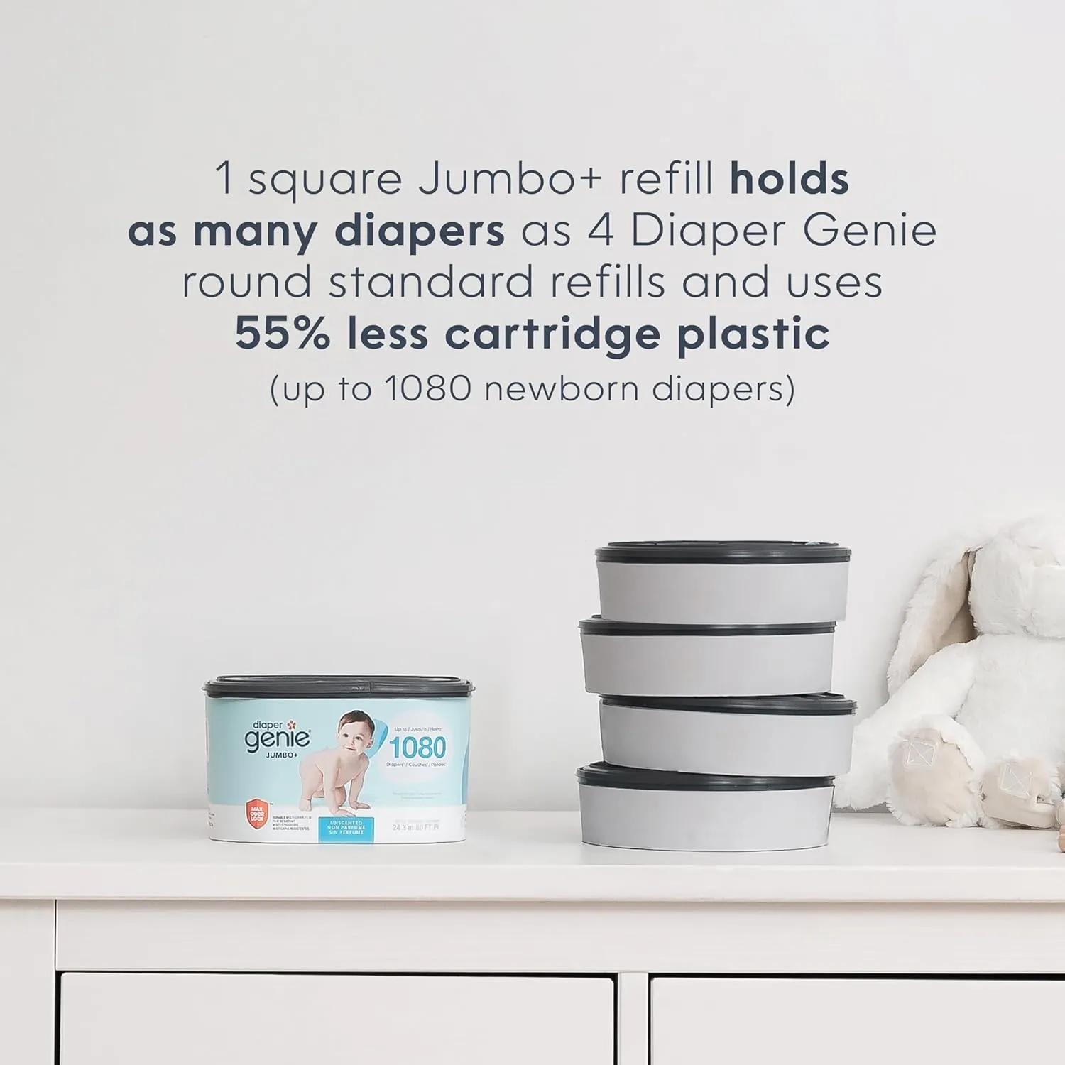 The Diaper Genie Jumbo  Square Refill, with continuous film, can hold up to 1080 newborn-sized diapers per refill.