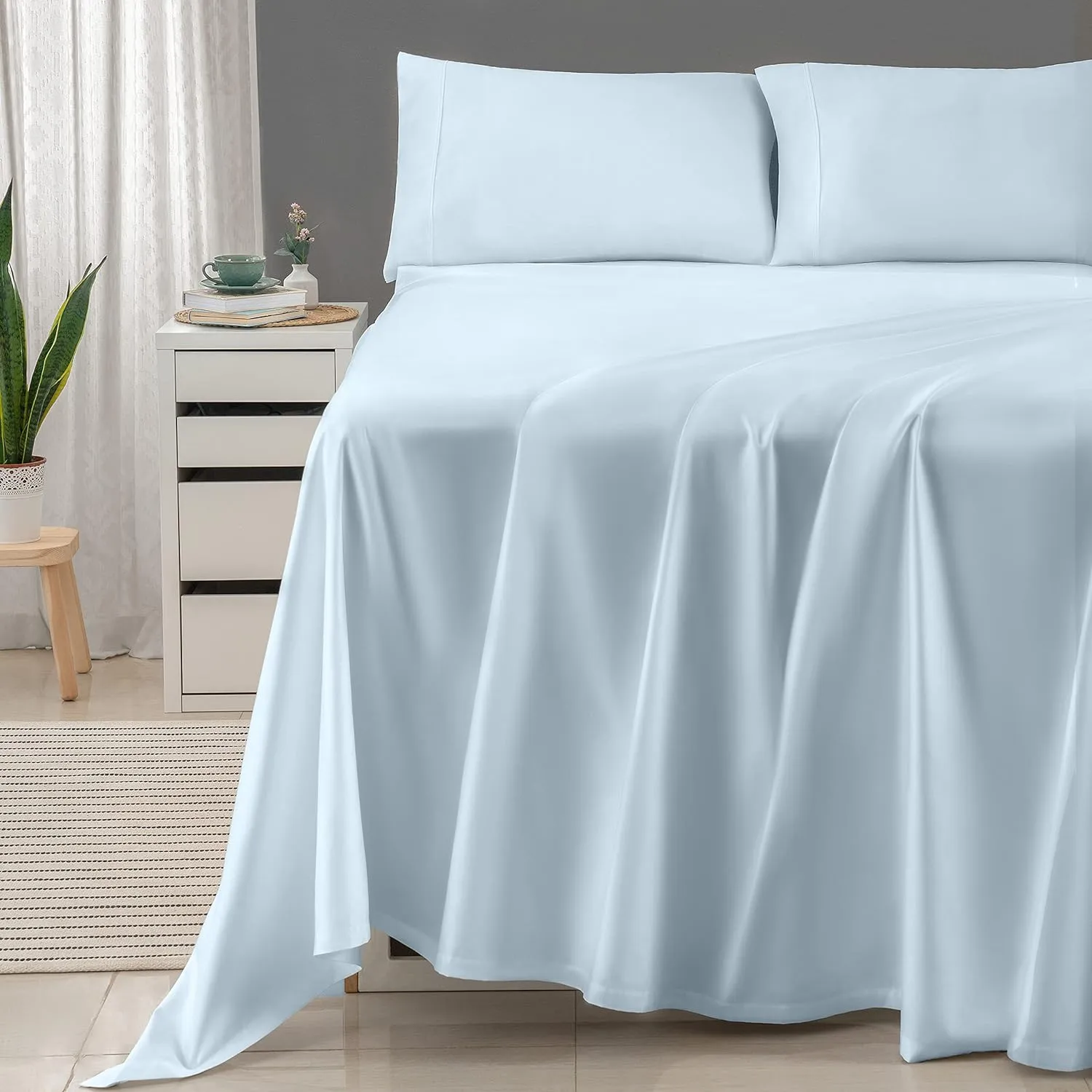 Threadmill 100% Cotton Sheets for King Size Bed - 600 Thread Count King Bed Sheets Set with 16” Deep Pocket - Sateen Weave 4-Piece Bedding Set with Cooling Effect, Blue