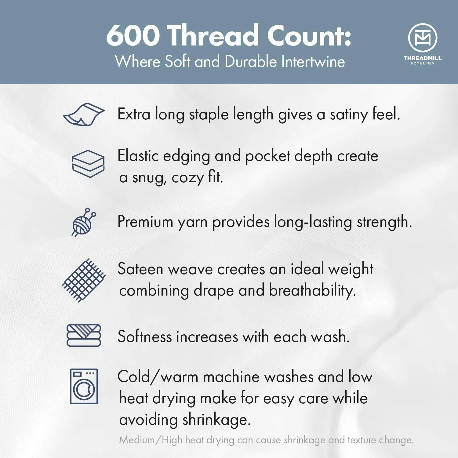 Threadmill 100% Cotton Sheets for King Size Bed - 600 Thread Count King Bed Sheets Set with 16” Deep Pocket - Sateen Weave 4-Piece Bedding Set with Cooling Effect, Blue