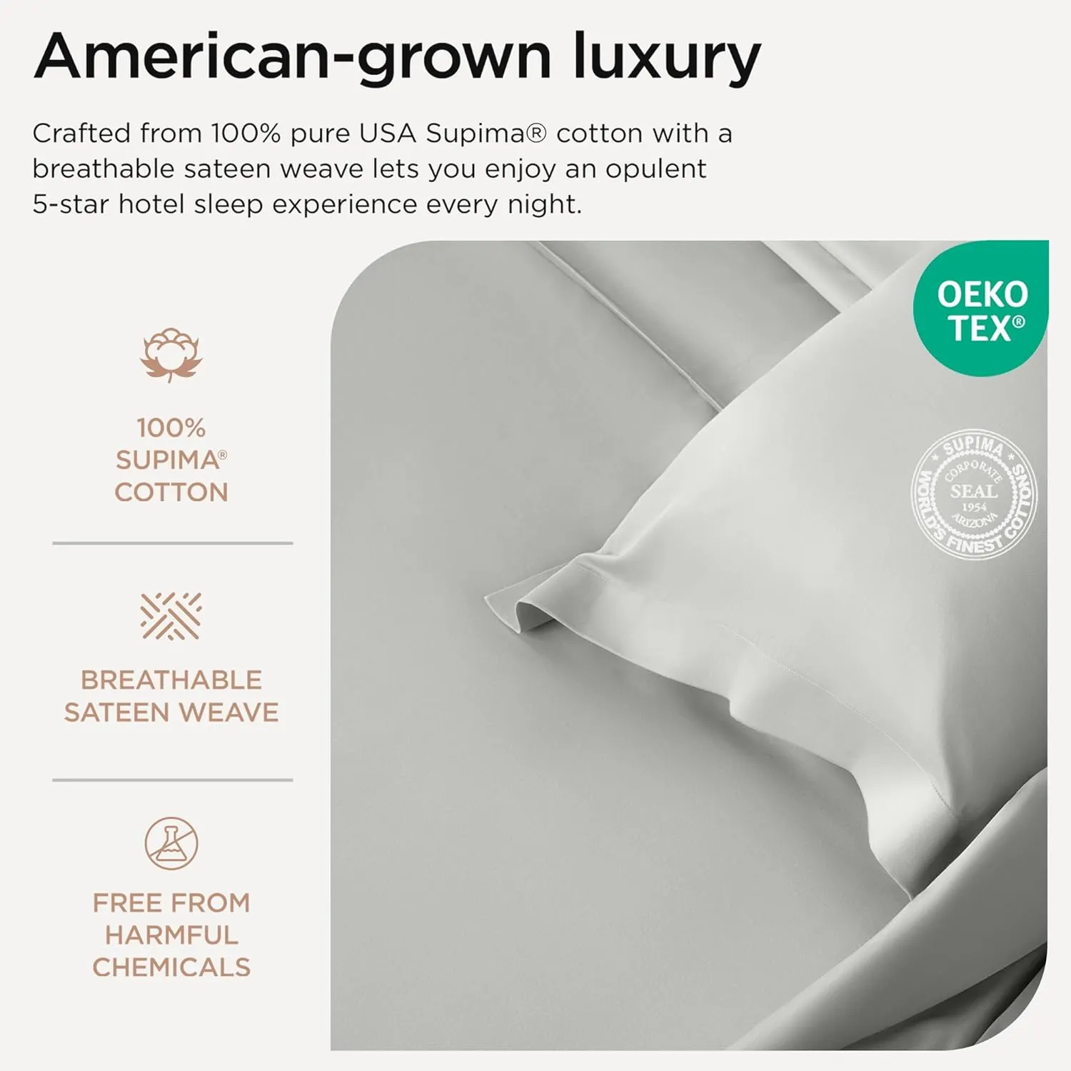 Threadmill Luxury Supima 100% Cotton Sheets - Soft, 1200 Thread Count, 4 Pc Light Grey Set for King Bed, 5-Star Hotel Quality, Deep Pocket with Elasticized Corner