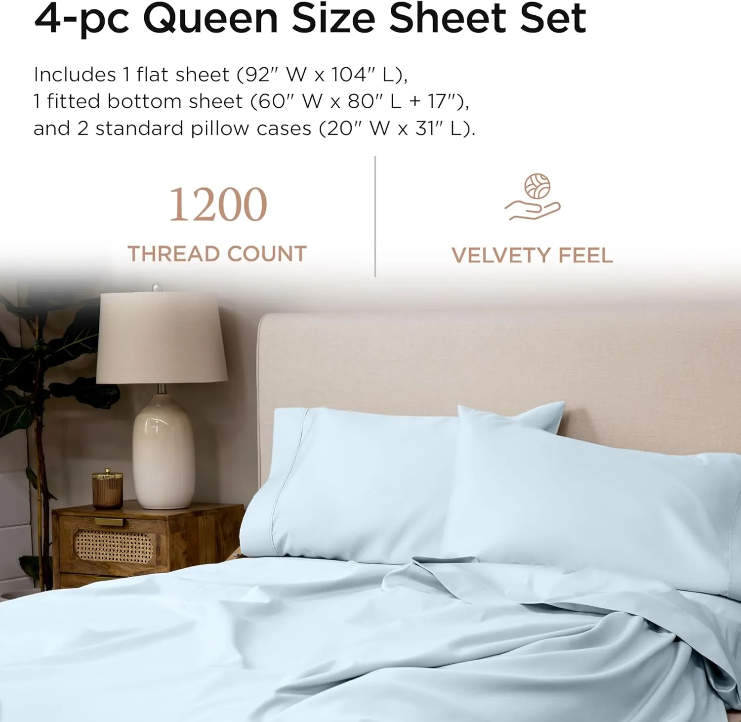 Threadmill Supima Cotton Queen Sheet Set, 1200 Thread Count for Queen Mattresses, 4 Piece American Luxury Bed Sheets, Sateen Hotel Quality Sheets with Elasticized Deep Pocket, Light Blue