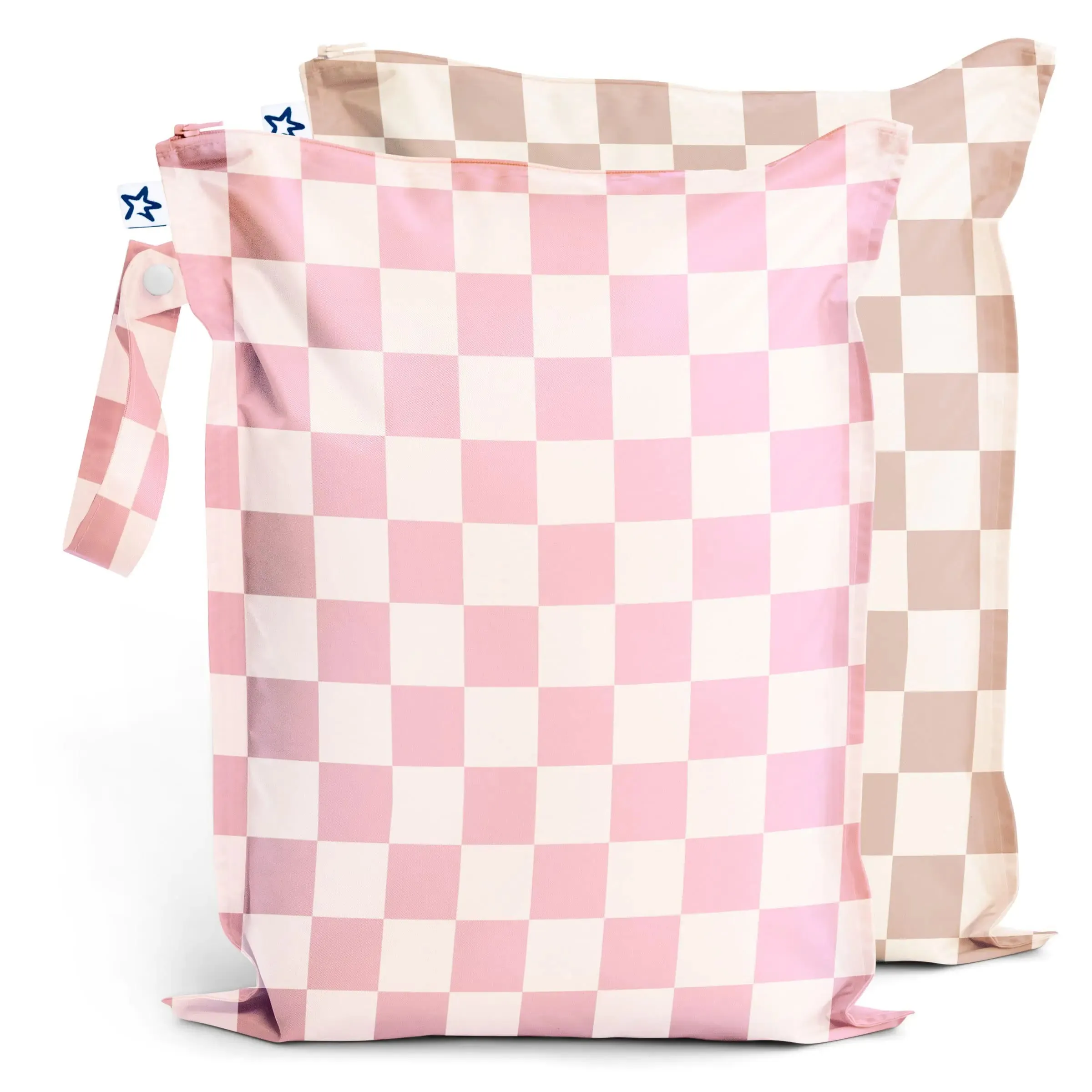 Tiny Twinkle Mess-proof Wet Bags 2 Pack Waterproof and Washable Bag for Travel storage Stroller Daycare Baby Diapers Yoga Beach Pool Wet Toddler Swimsuits (Pink Brown Checkers)