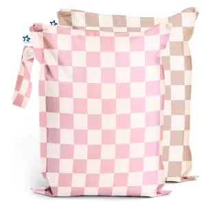 Tiny Twinkle Mess-proof Wet Bags 2 Pack Waterproof and Washable Bag for Travel storage Stroller Daycare Baby Diapers Yoga Beach Pool Wet Toddler Swimsuits (Pink Brown Checkers)