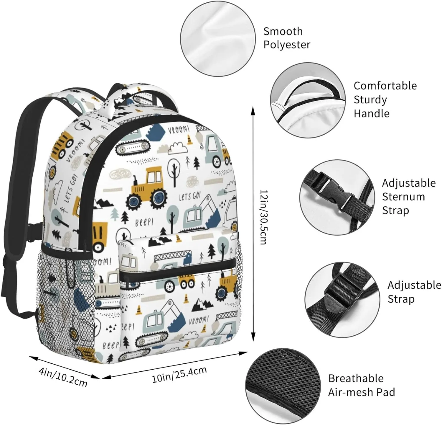 Toddler Backpack for Boys Age 3-8 Kids Construction Truck Excavator Bookbag for Kindergarten Preschool Water Resistance Cute Mini Small Simple Travel Daypack (White)