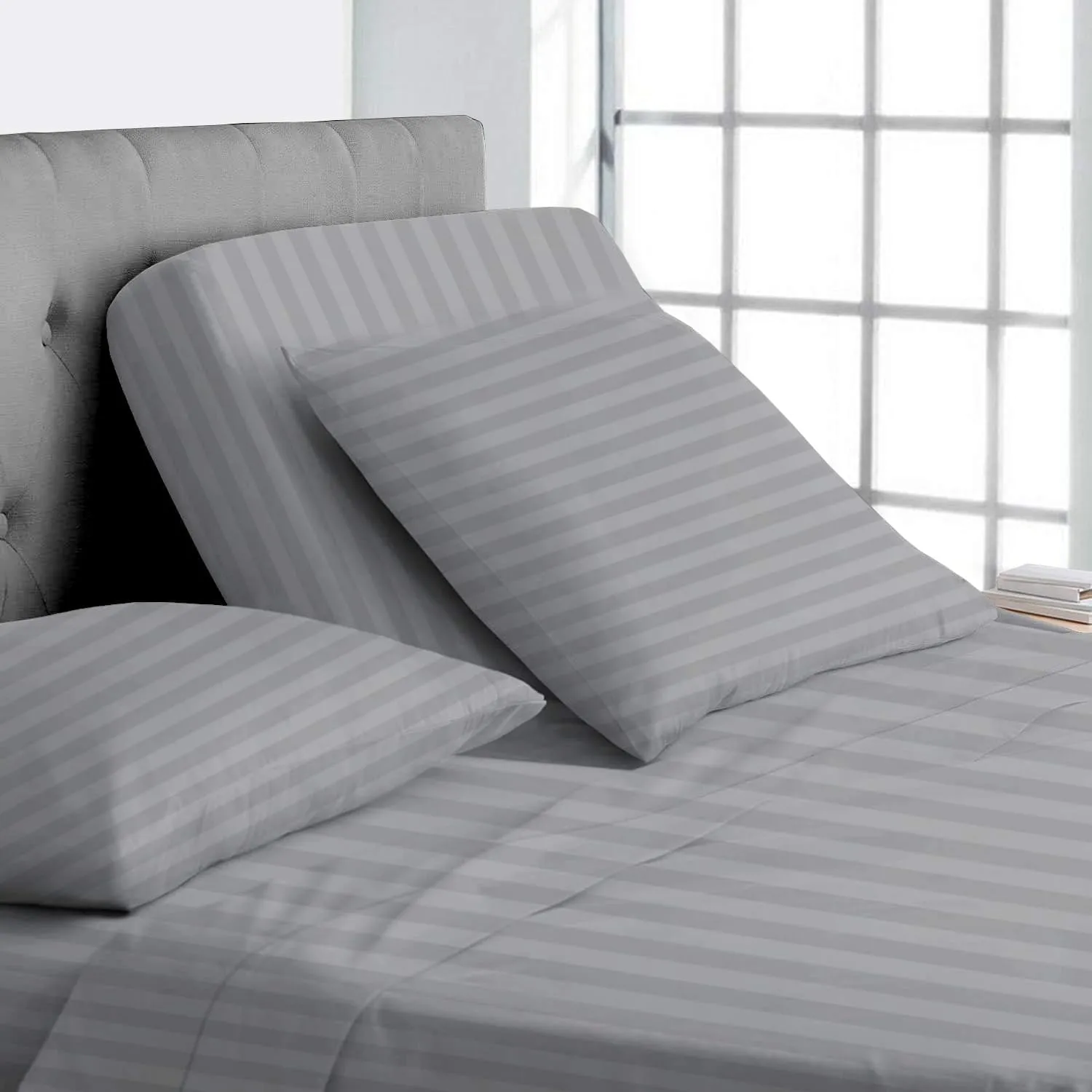 Top Split King Sheets for Adjustable Bed - 100% Egyptian Cotton 1000 TC Sheets for Sleep Number Bed 34" Flex Top - 18" Inch Deep Pocket 4Pcs Sheet Set, Silver Stripe