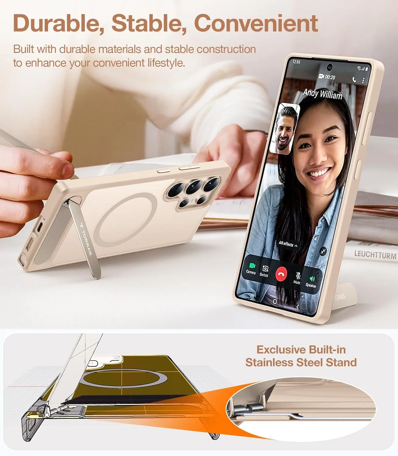 TORRAS Strong Magnetic & Seamless Stand for Samsung Galaxy S25 Ultra Case, Fit for MagSafe, Mil-Grade Drop Protection, Adjustable Kickstand for Samsung Galaxy S25 Ultra Case, Slim Matte Soft Gold