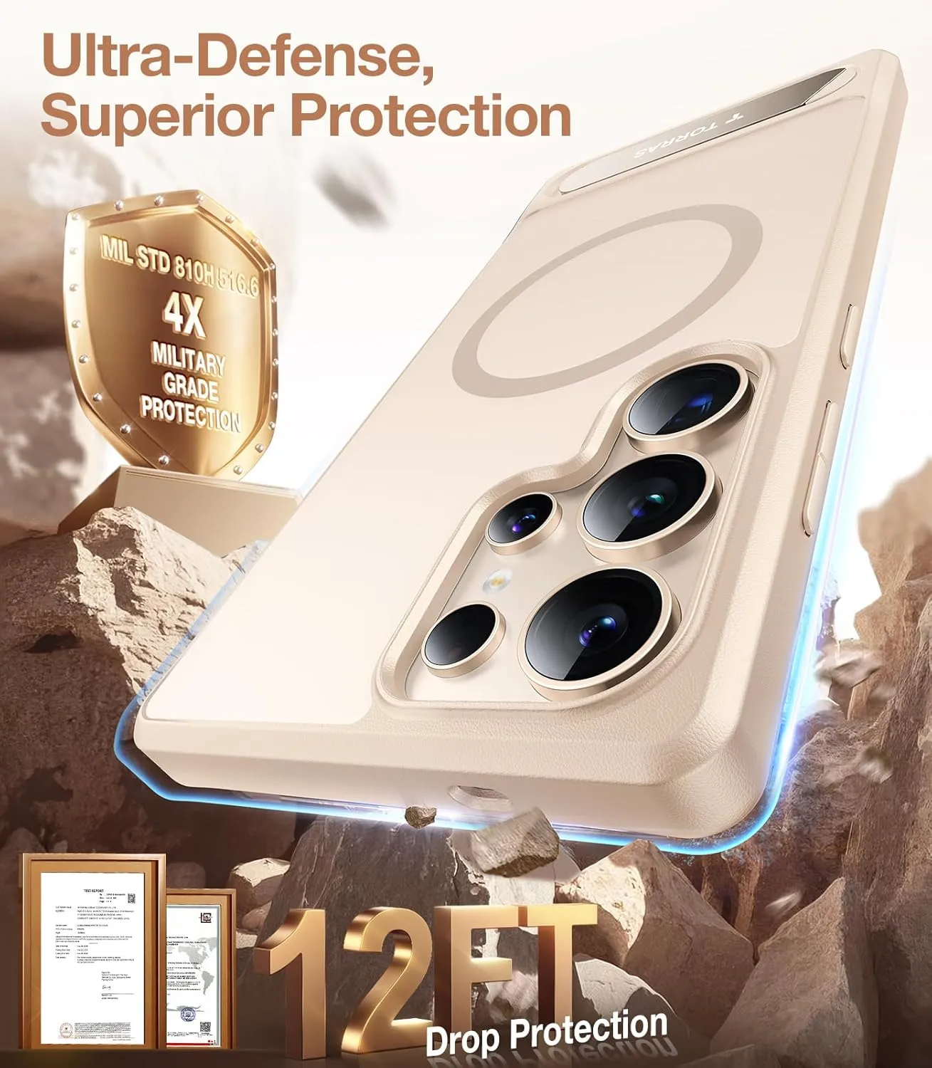 TORRAS Strong Magnetic & Seamless Stand for Samsung Galaxy S25 Ultra Case, Fit for MagSafe, Mil-Grade Drop Protection, Adjustable Kickstand for Samsung Galaxy S25 Ultra Case, Slim Matte Soft Gold