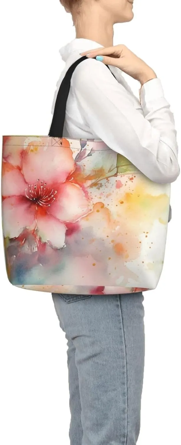 Tote Bag for Women Flower watercolor Shoulder Bag with Zipper Handbag Large Capacity Reusable Grocery Bag