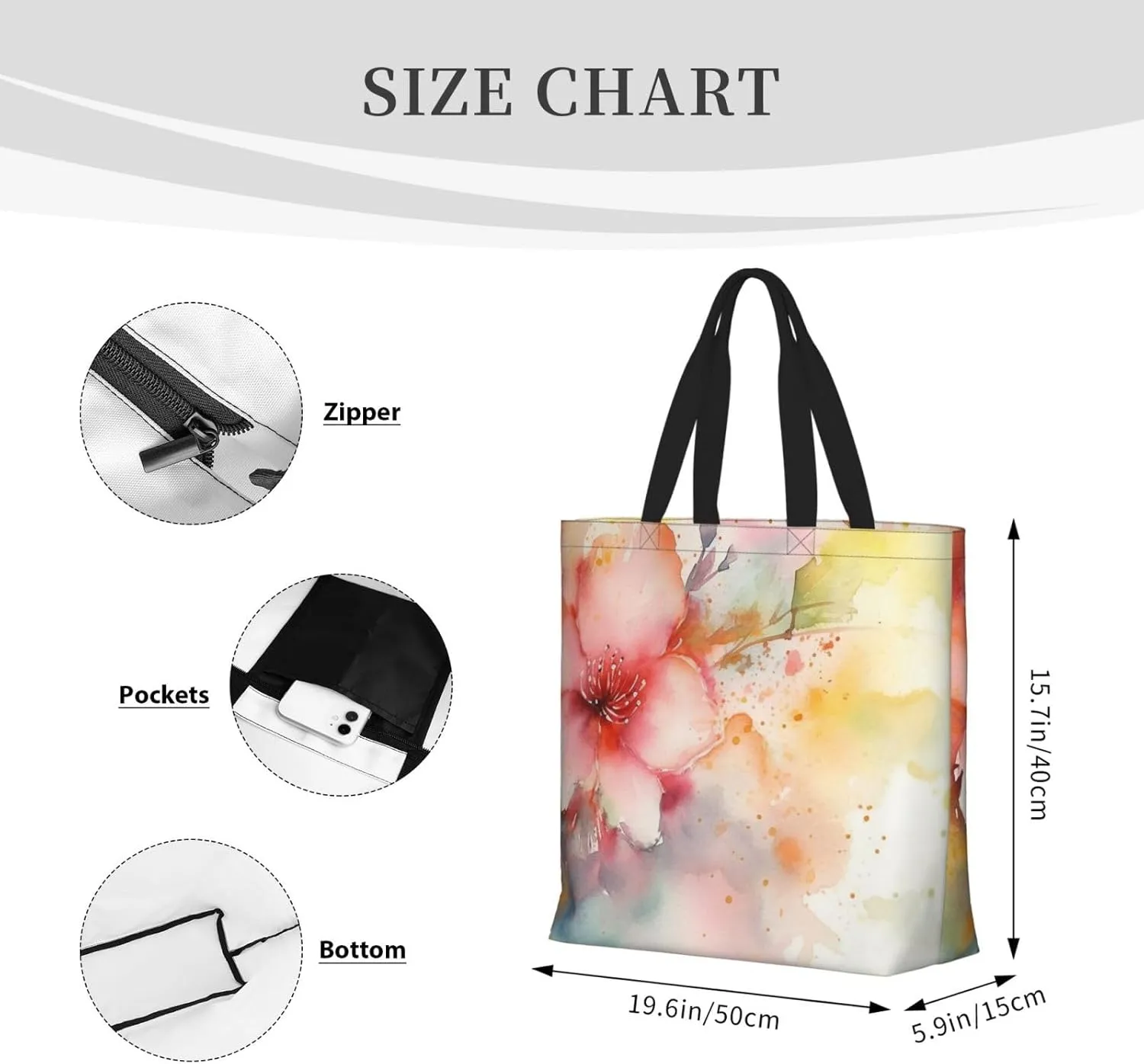 Tote Bag for Women Flower watercolor Shoulder Bag with Zipper Handbag Large Capacity Reusable Grocery Bag