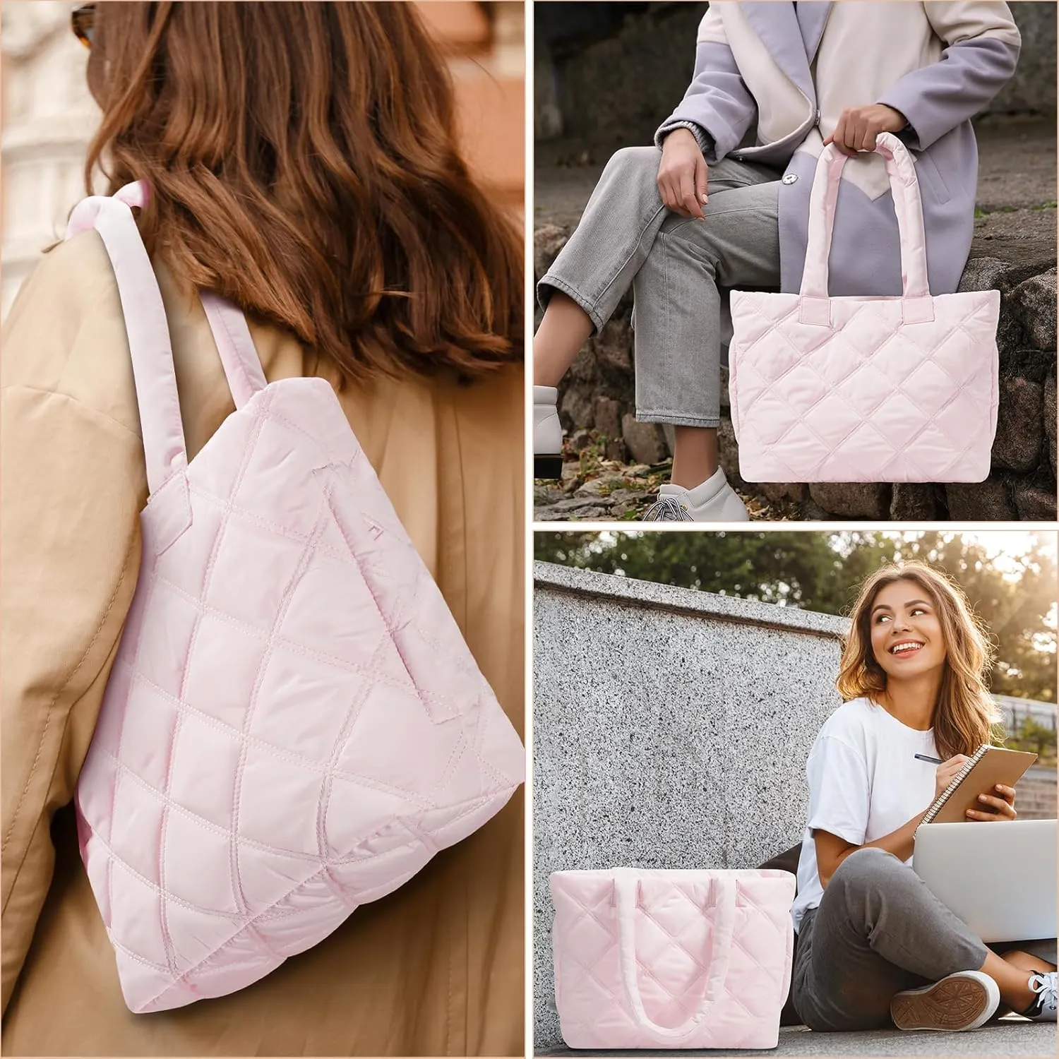 Tote Bag for Women, Puffer Bag with 15.6 Inch Compartment and Multi Pocket for Travel, Work, Gym