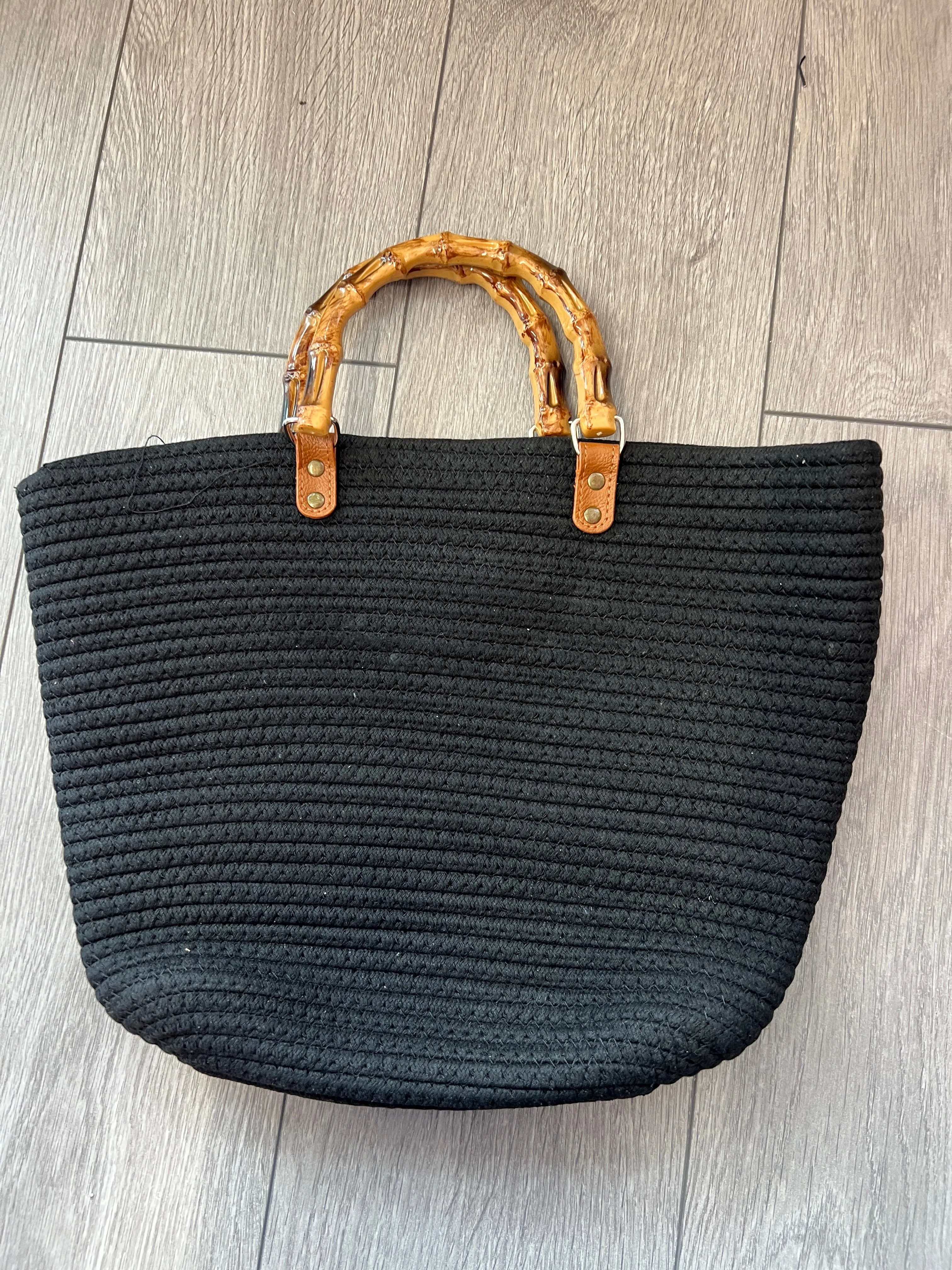 Tote Beach Bag With Bamboo Handles Black