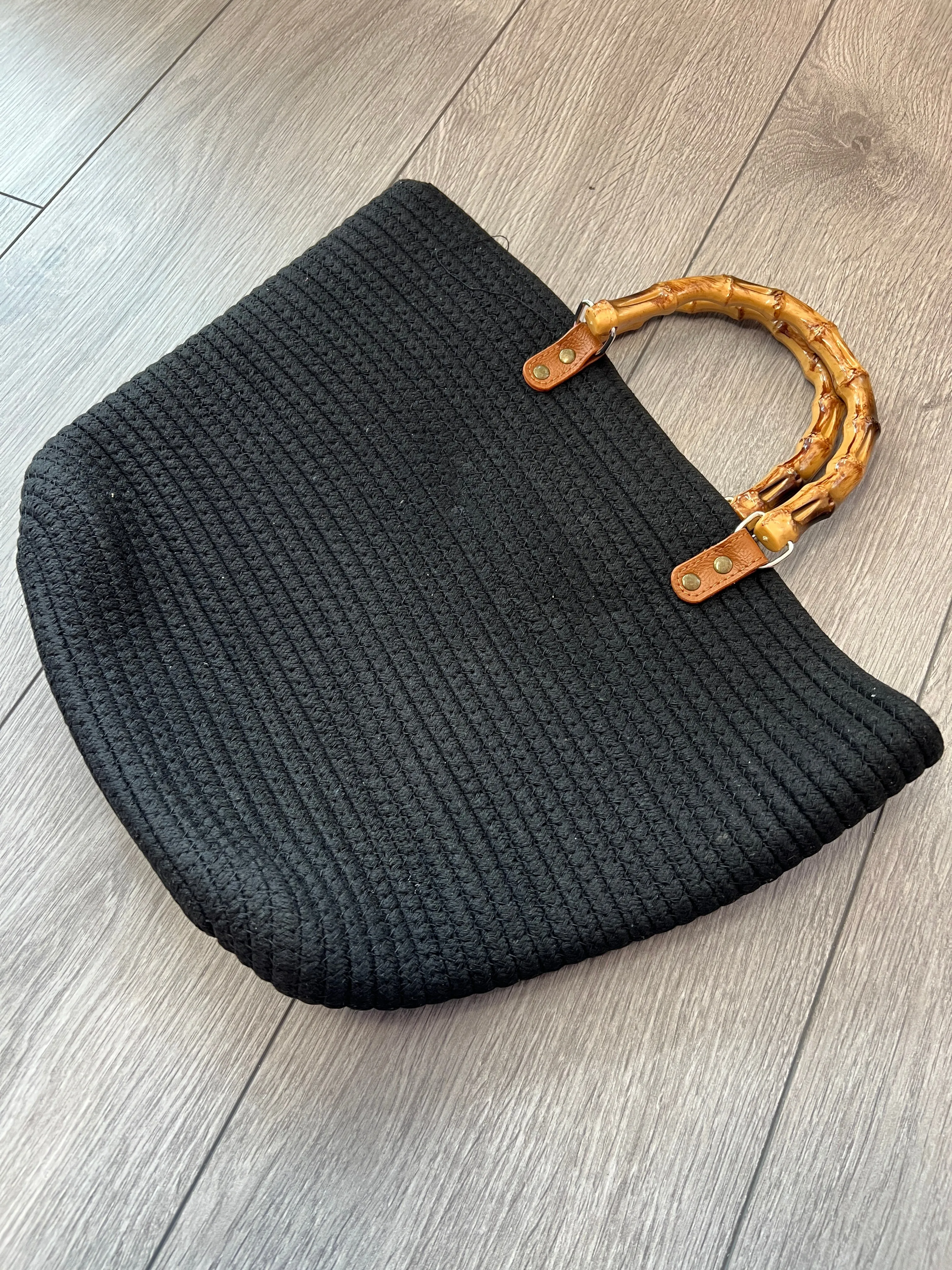 Tote Beach Bag With Bamboo Handles Black