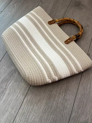 Tote Beach Bag With Bamboo Handles White & Beige Stripe