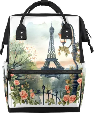 Tower Street Lamp Rose Watercolour Diaper Bag Mommy Bags With Adjustable Shoulder Strap Waterproof Multifunction Shoulder Bag Travel Large Capacity Backpack for Moms And Dads