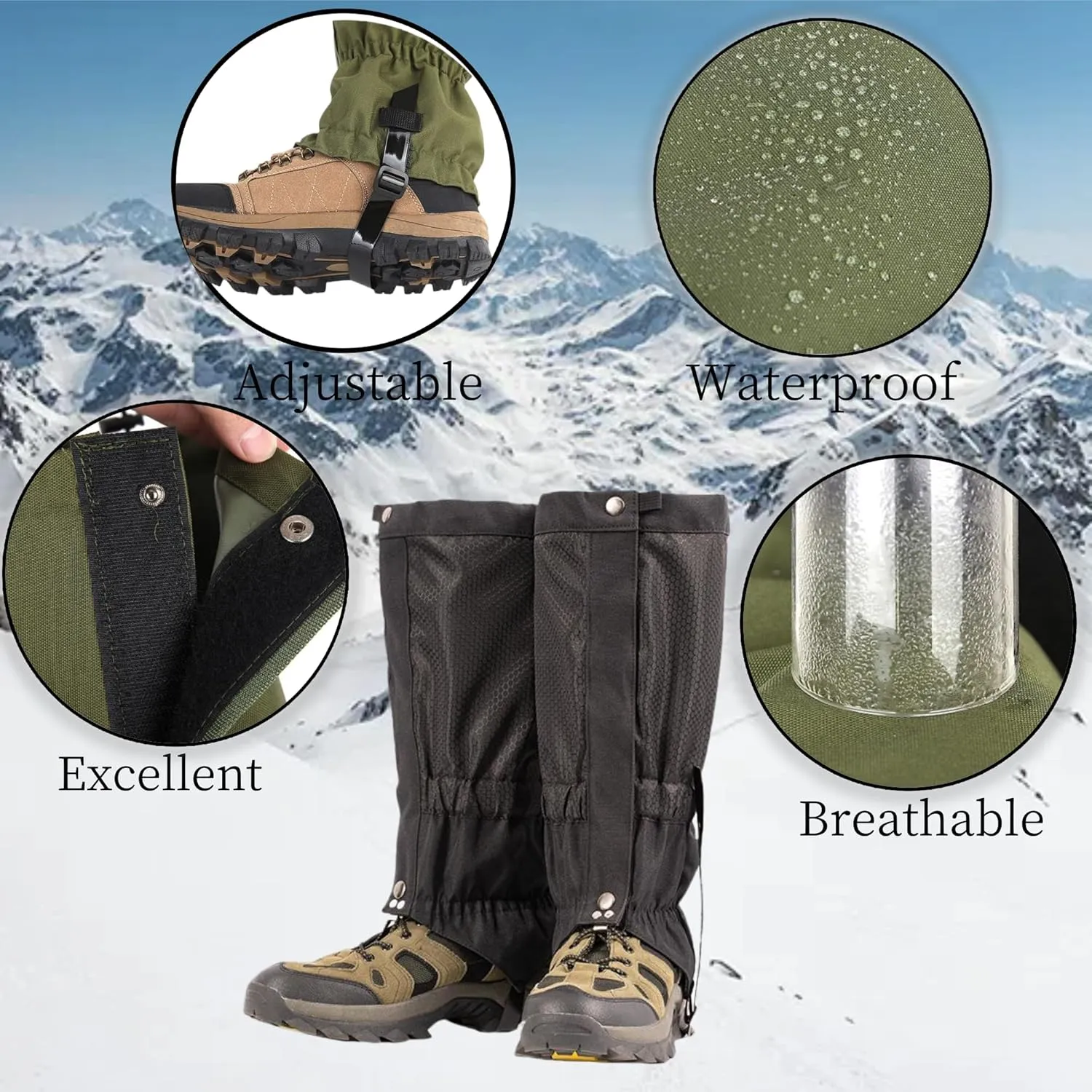 Trail Adjustable Leg Gaiters,Snow Boot Guard Gators,Shoe Gaiters,Sandproof,Waterproof Hiking Gaiters for Hunting,Running,Snow, Mountain Climbing,Yard Work