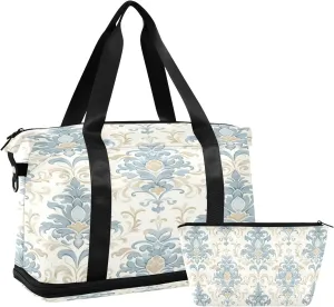 Travel Duffel Bag Elegant Floral Motifs Gym Duffel Bag for Men & Women with Shoe & Wet Compartment Shoulder Weekender Overnight Bag