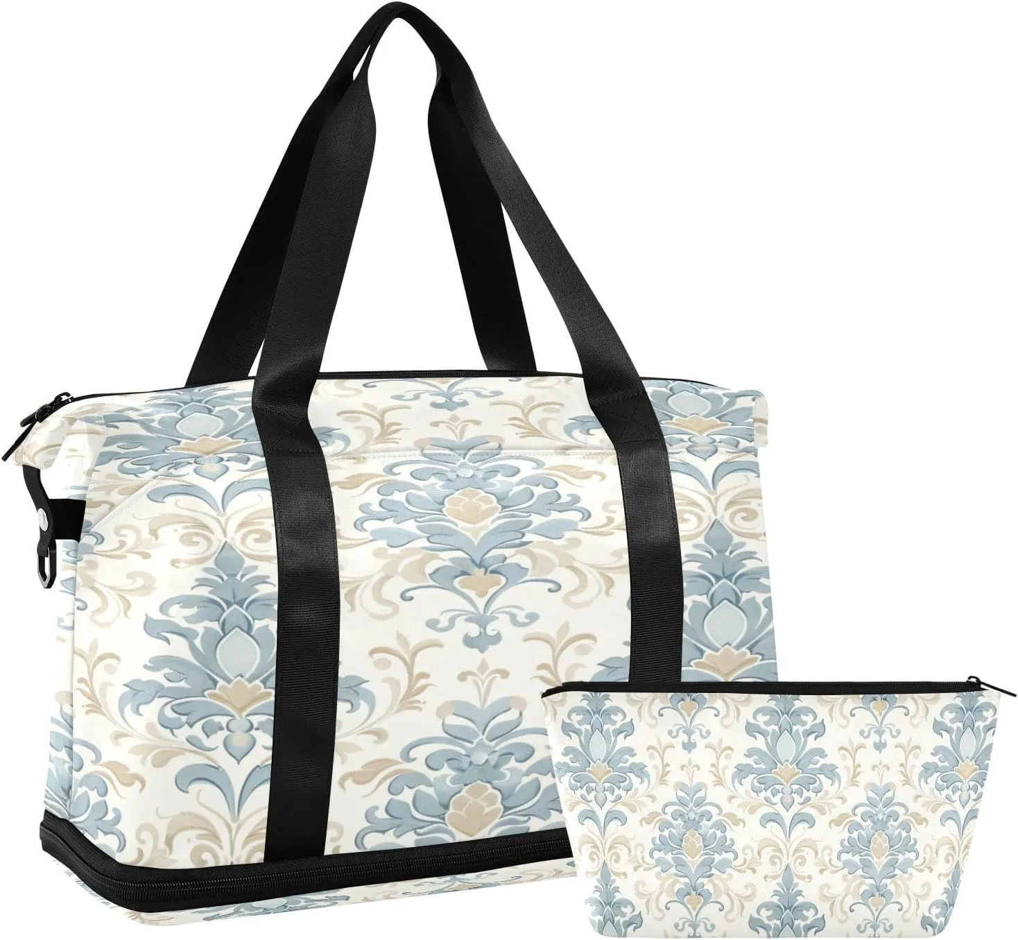 Travel Duffel Bag Elegant Floral Motifs Gym Duffel Bag for Men & Women with Shoe & Wet Compartment Shoulder Weekender Overnight Bag