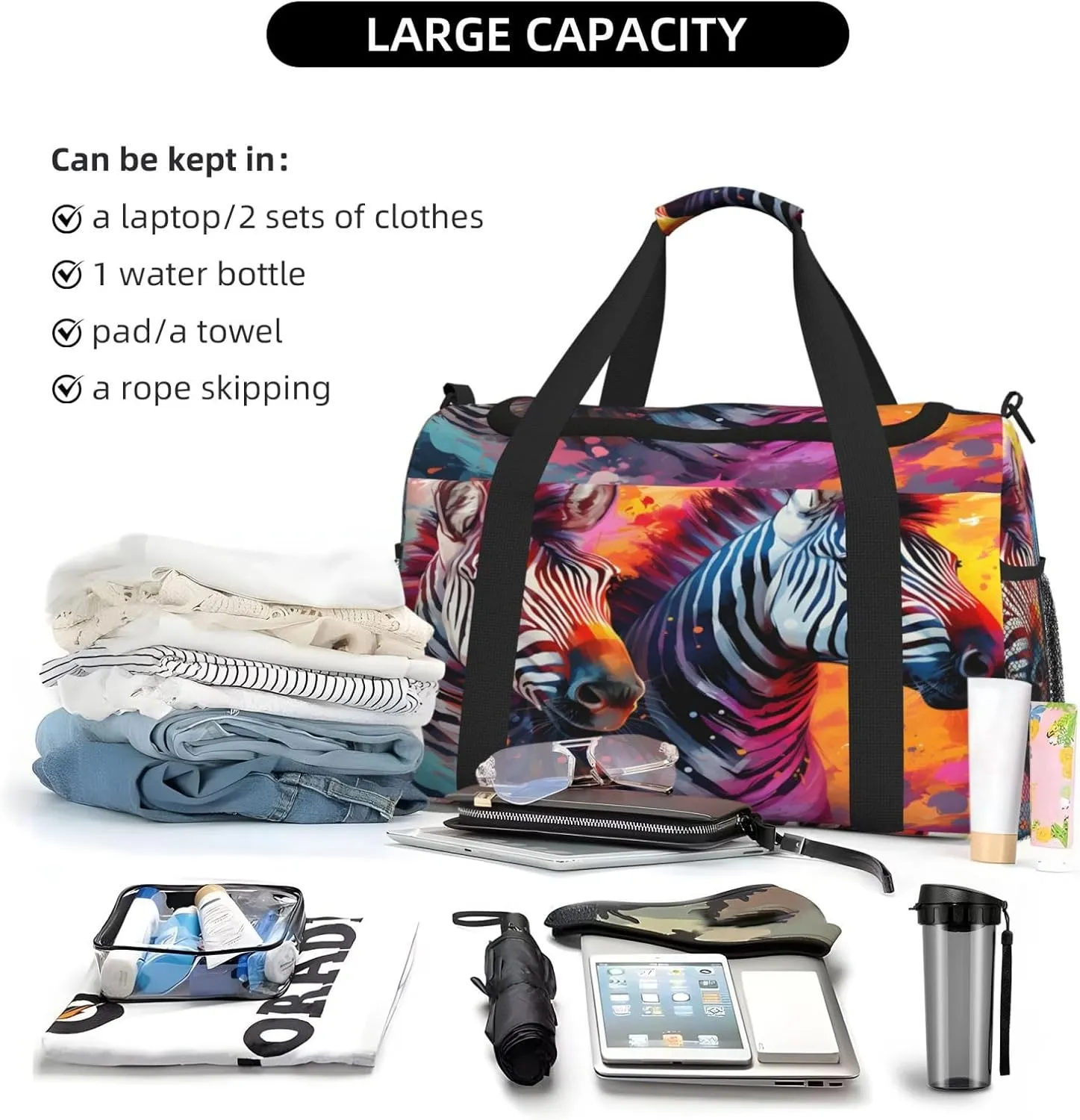 Travel Duffel Bag For Men Women, Africa Zebra Art Painting Carry On Sport Gym Bag With Shoulder Strap Lightweight Waterproof Weekender Bag Overnight Bag