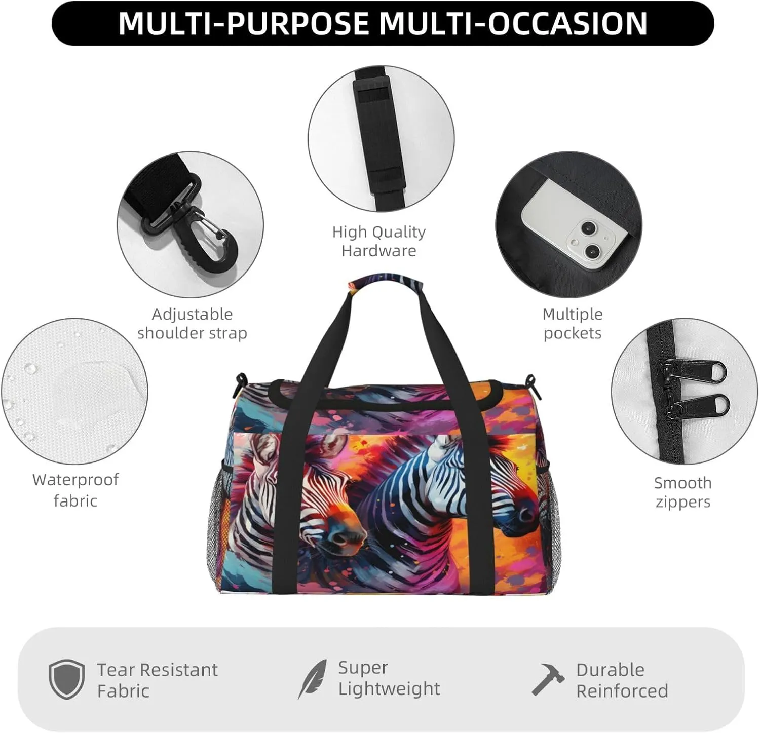 Travel Duffel Bag For Men Women, Africa Zebra Art Painting Carry On Sport Gym Bag With Shoulder Strap Lightweight Waterproof Weekender Bag Overnight Bag