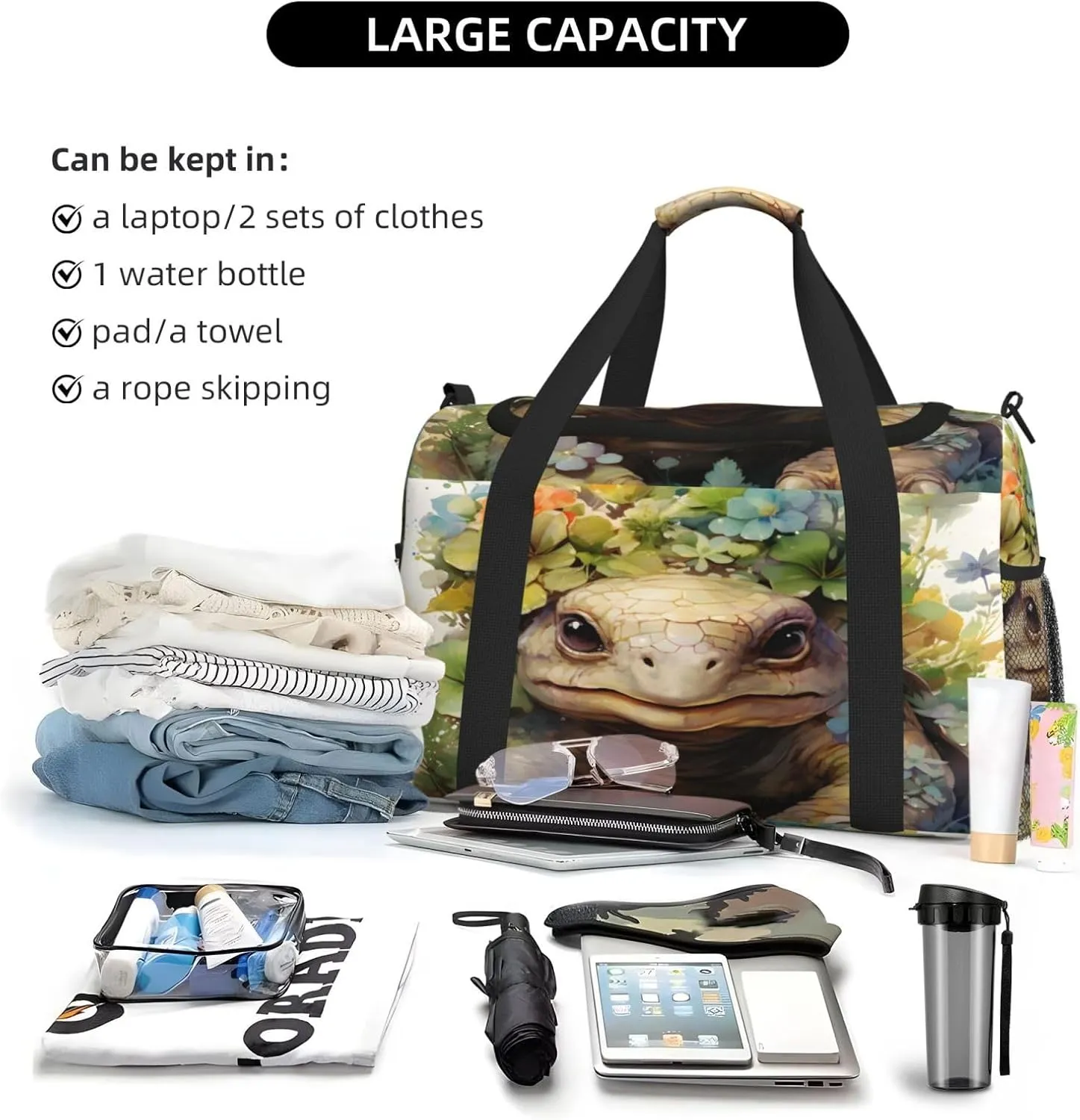 Travel Duffel Bag For Men Women, Animal Tortoise Art Painting Carry On Sport Gym Bag With Shoulder Strap Lightweight Waterproof Weekender Bag Overnight Bag