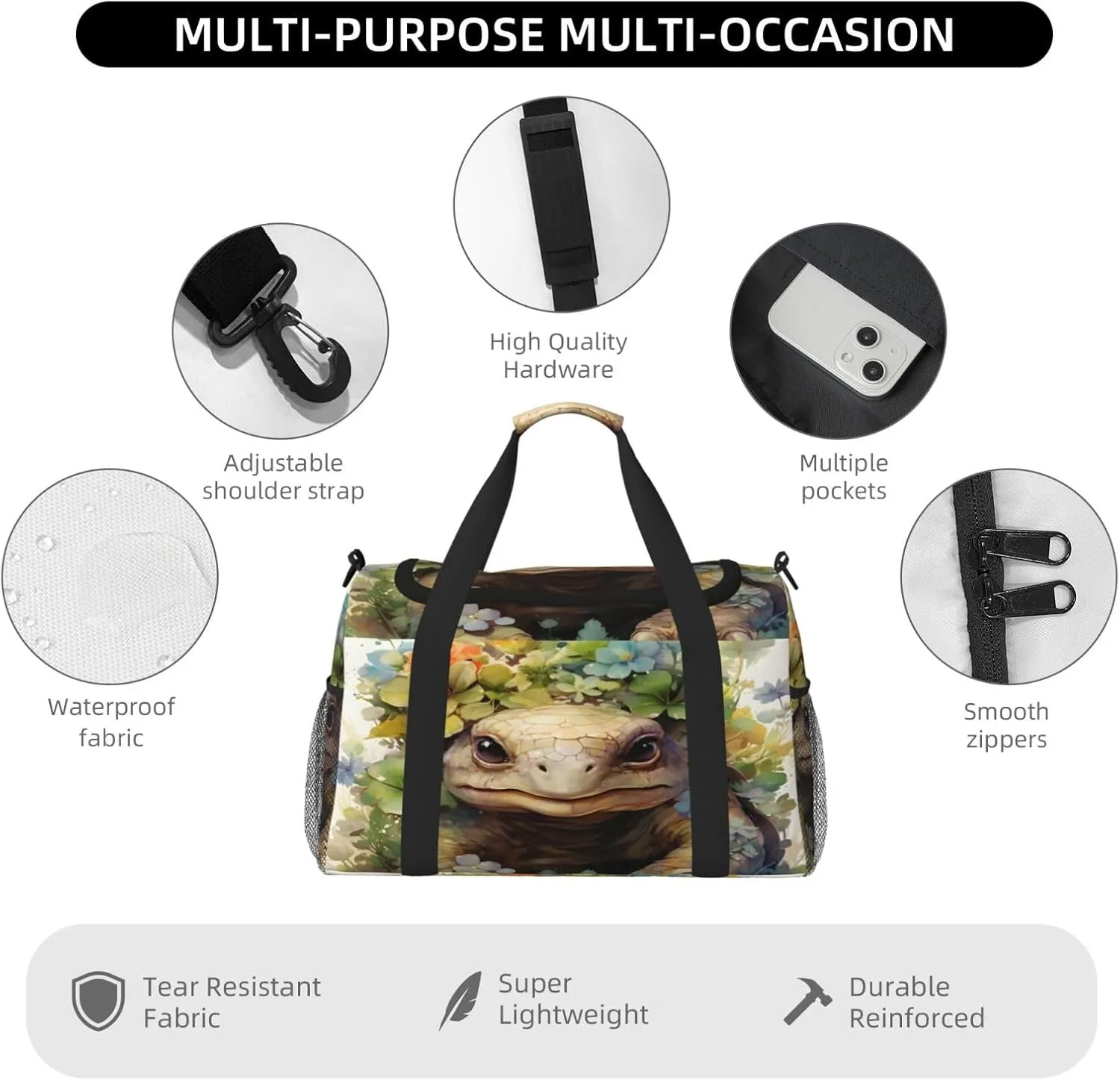 Travel Duffel Bag For Men Women, Animal Tortoise Art Painting Carry On Sport Gym Bag With Shoulder Strap Lightweight Waterproof Weekender Bag Overnight Bag