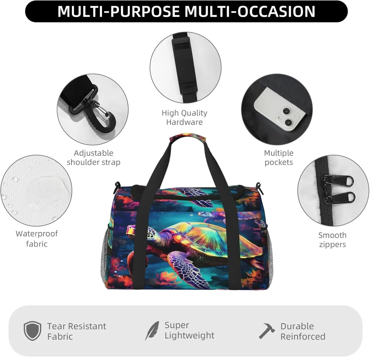 Travel Duffel Bag For Men Women, Animal Turtles Carry On Sport Gym Bag With Shoulder Strap Lightweight Waterproof Weekender Bag Overnight Bag