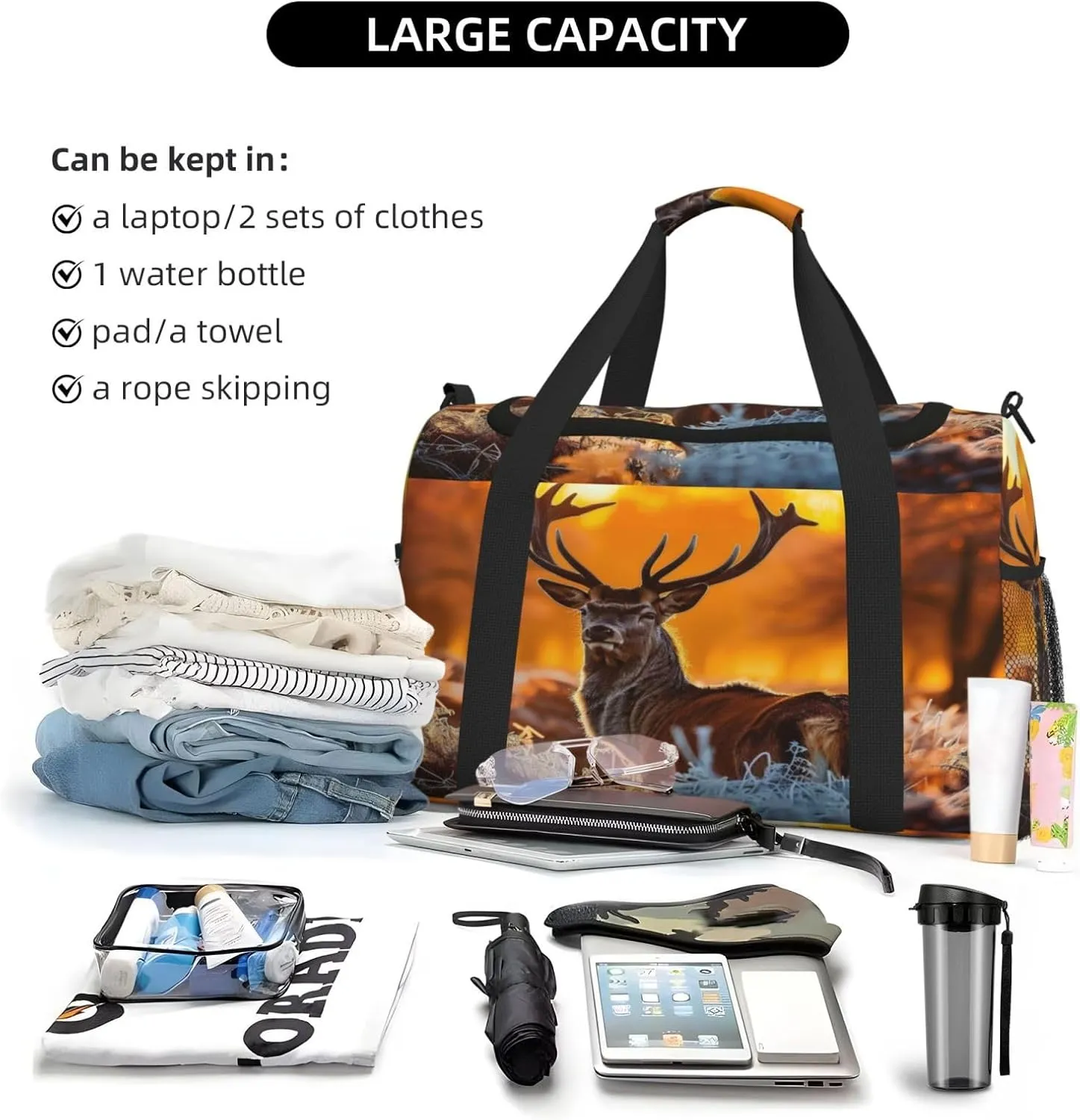 Travel Duffel Bag For Men Women, Autumn Forest Animal Deer Carry On Sport Gym Bag With Shoulder Strap Lightweight Waterproof Weekender Bag Overnight Bag
