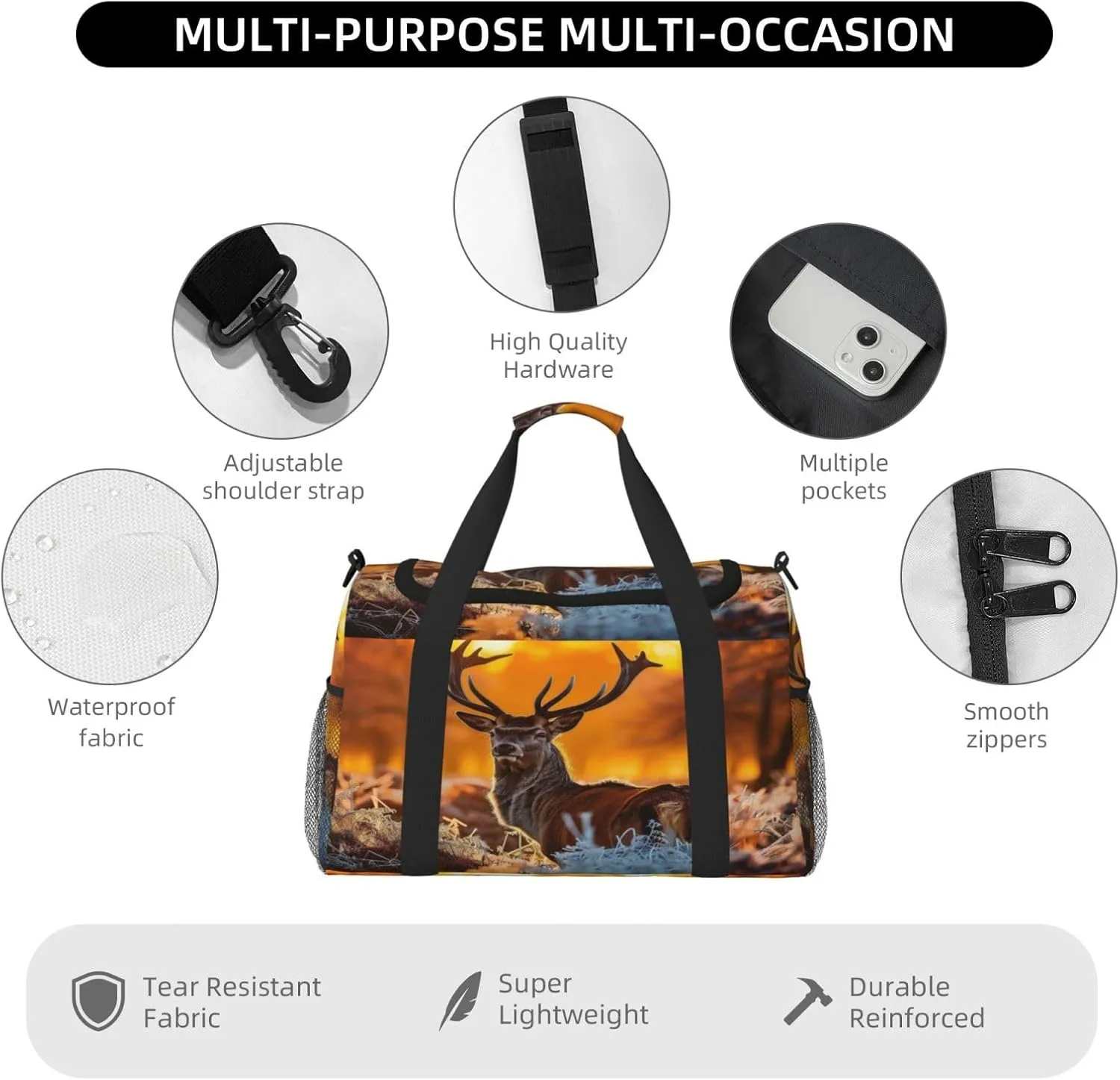 Travel Duffel Bag For Men Women, Autumn Forest Animal Deer Carry On Sport Gym Bag With Shoulder Strap Lightweight Waterproof Weekender Bag Overnight Bag