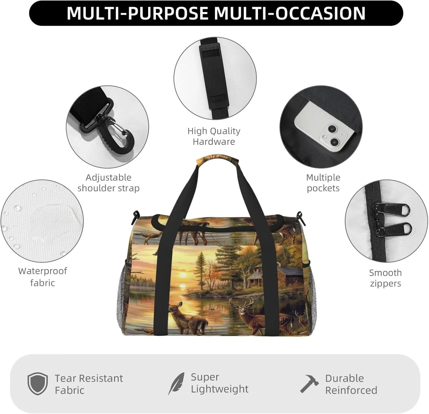 Travel Duffel Bag For Men Women, Autumn Forest River Birds Deer Carry On Sport Gym Bag With Shoulder Strap Lightweight Waterproof Weekender Bag Overnight Bag