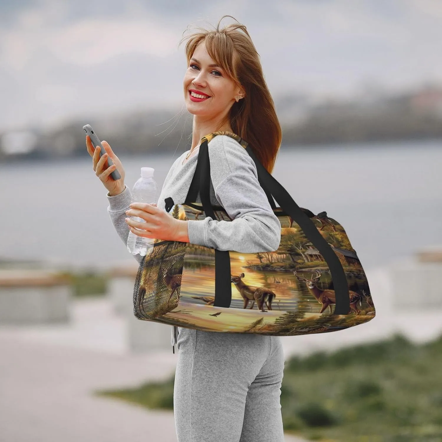 Travel Duffel Bag For Men Women, Autumn Forest River Birds Deer Carry On Sport Gym Bag With Shoulder Strap Lightweight Waterproof Weekender Bag Overnight Bag