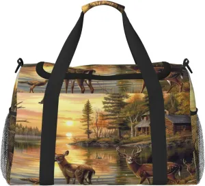 Travel Duffel Bag For Men Women, Autumn Forest River Birds Deer Carry On Sport Gym Bag With Shoulder Strap Lightweight Waterproof Weekender Bag Overnight Bag