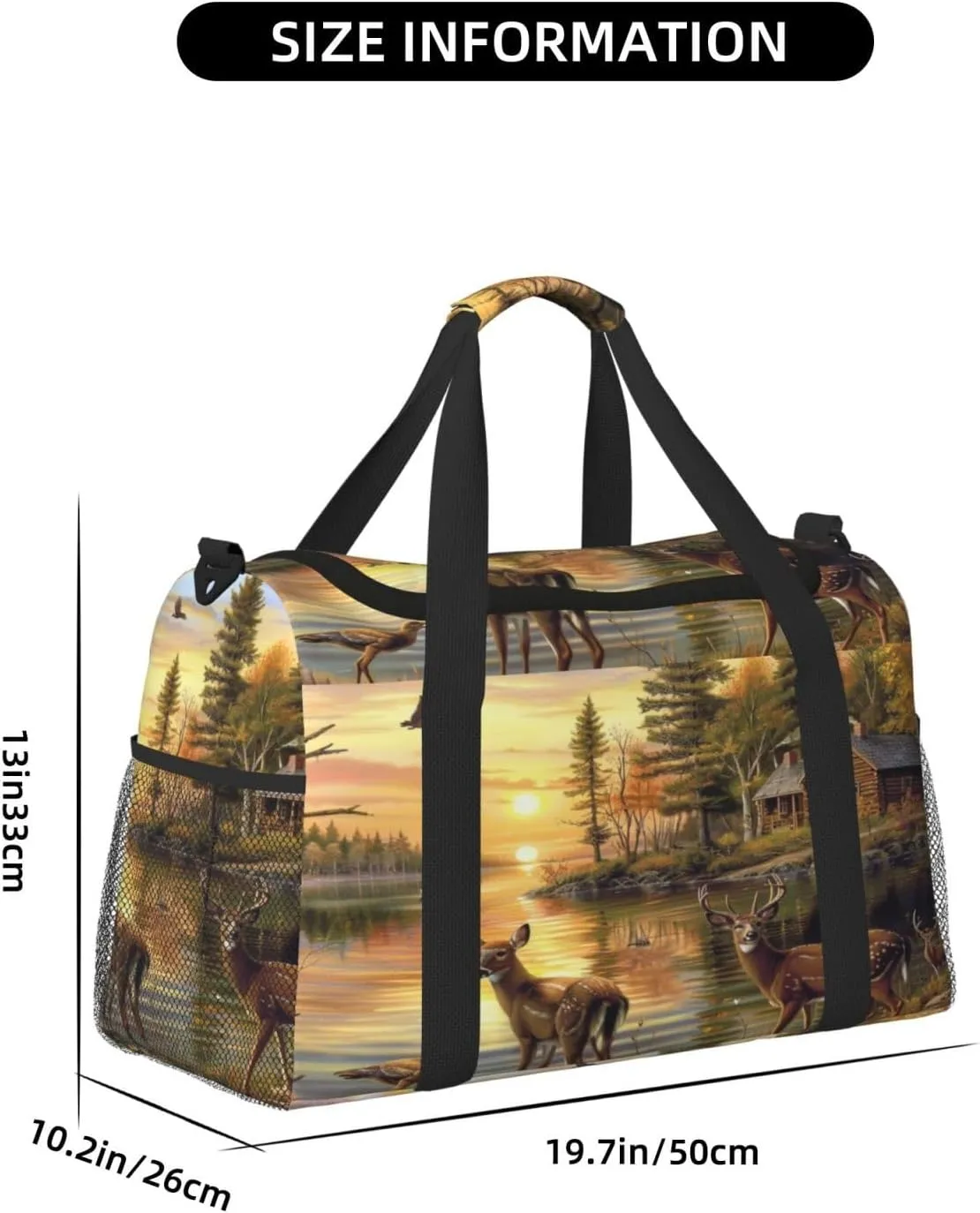 Travel Duffel Bag For Men Women, Autumn Forest River Birds Deer Carry On Sport Gym Bag With Shoulder Strap Lightweight Waterproof Weekender Bag Overnight Bag