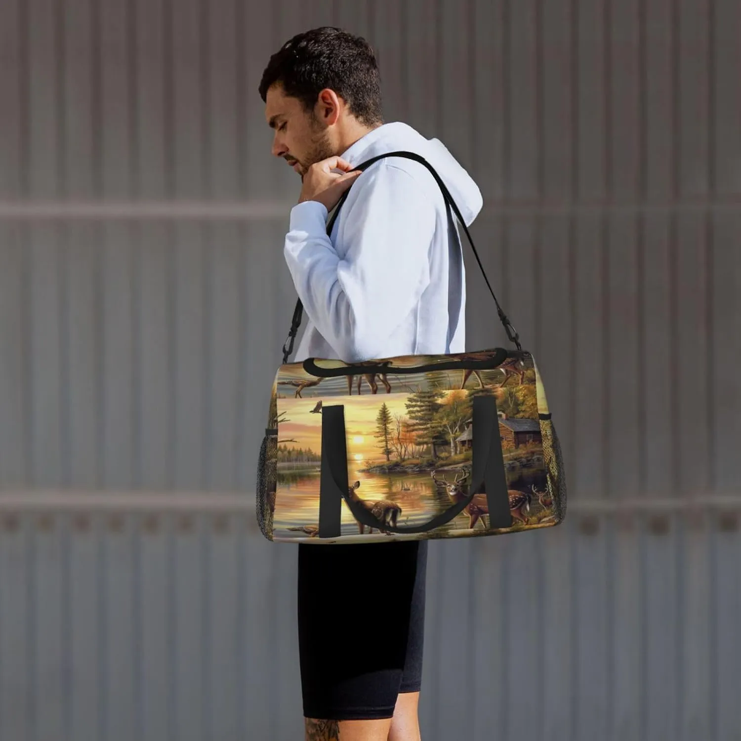 Travel Duffel Bag For Men Women, Autumn Forest River Birds Deer Carry On Sport Gym Bag With Shoulder Strap Lightweight Waterproof Weekender Bag Overnight Bag