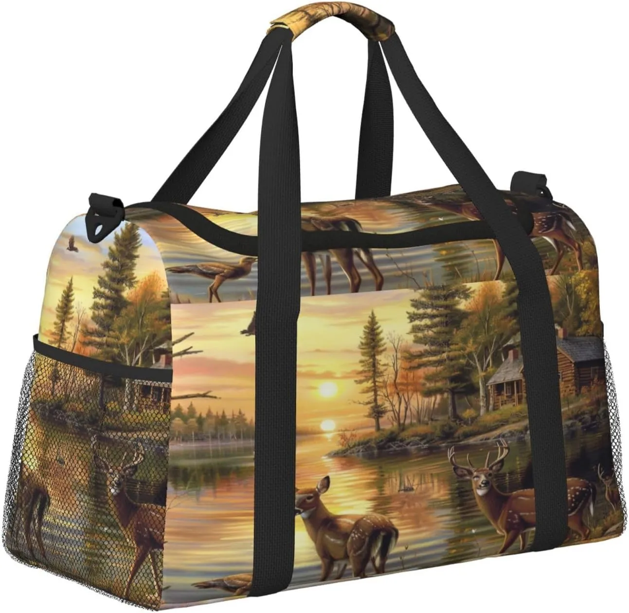 Travel Duffel Bag For Men Women, Autumn Forest River Birds Deer Carry On Sport Gym Bag With Shoulder Strap Lightweight Waterproof Weekender Bag Overnight Bag