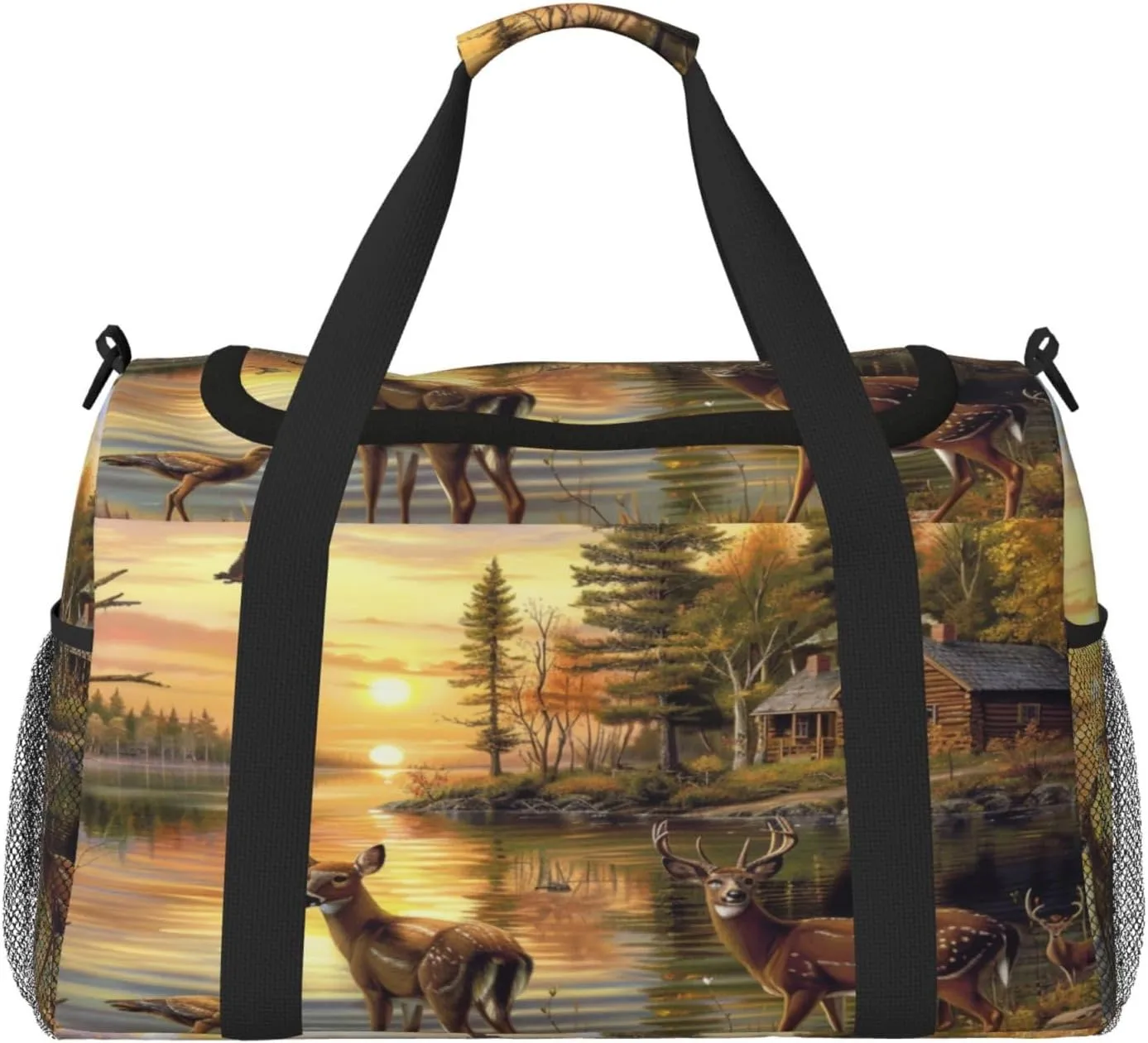 Travel Duffel Bag For Men Women, Autumn Forest River Birds Deer Carry On Sport Gym Bag With Shoulder Strap Lightweight Waterproof Weekender Bag Overnight Bag