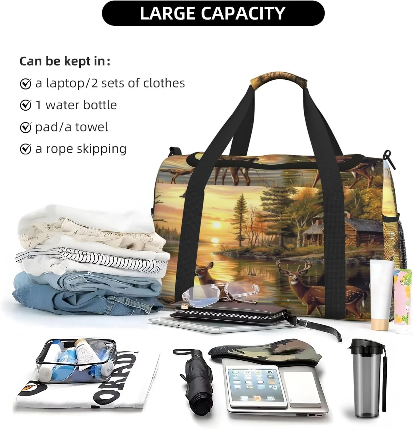 Travel Duffel Bag For Men Women, Autumn Forest River Birds Deer Carry On Sport Gym Bag With Shoulder Strap Lightweight Waterproof Weekender Bag Overnight Bag