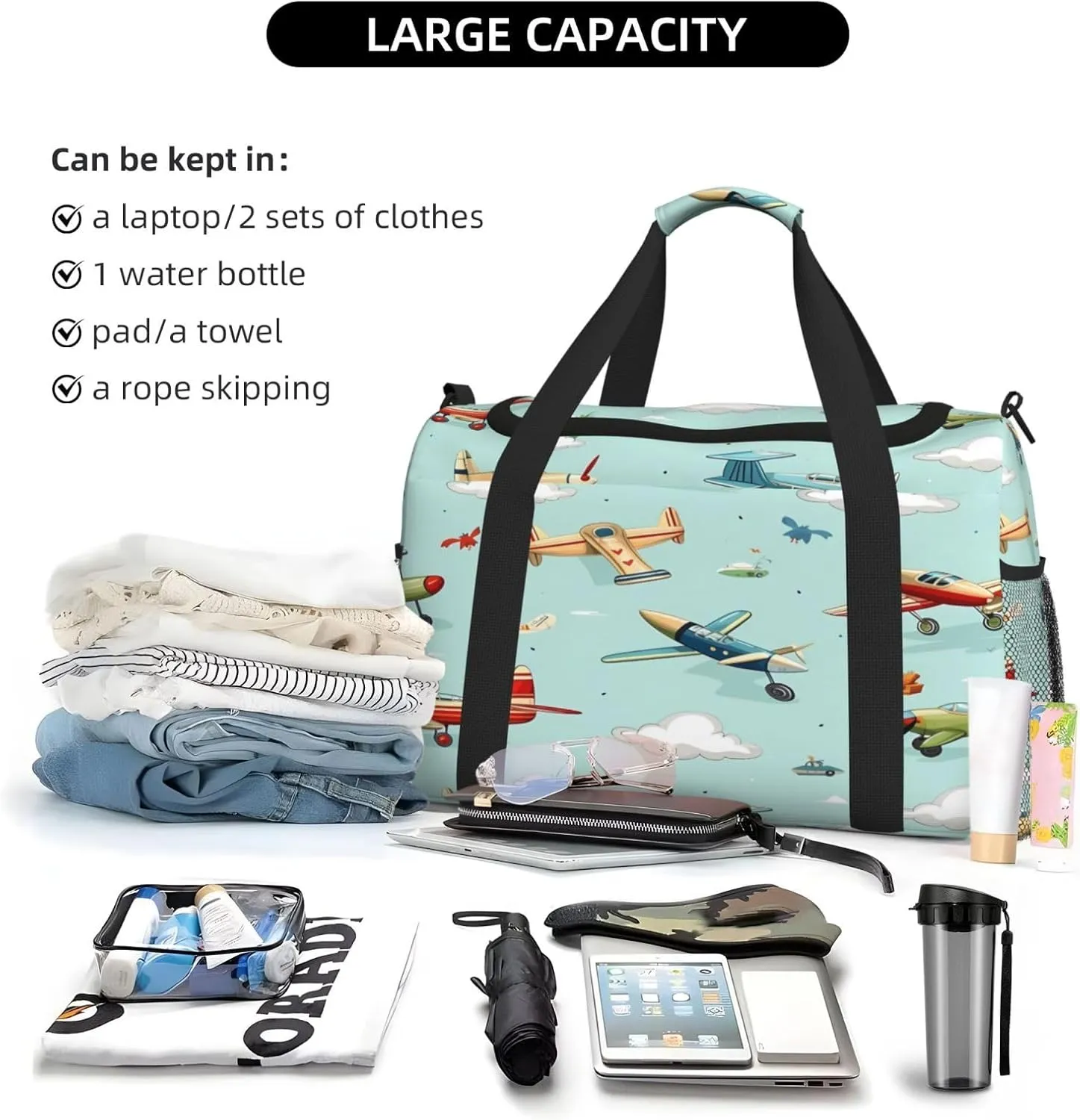 Travel Duffel Bag For Men Women, Cartoon Airplanes Pattern Carry On Sport Gym Bag With Shoulder Strap Lightweight Waterproof Weekender Bag Overnight Bag